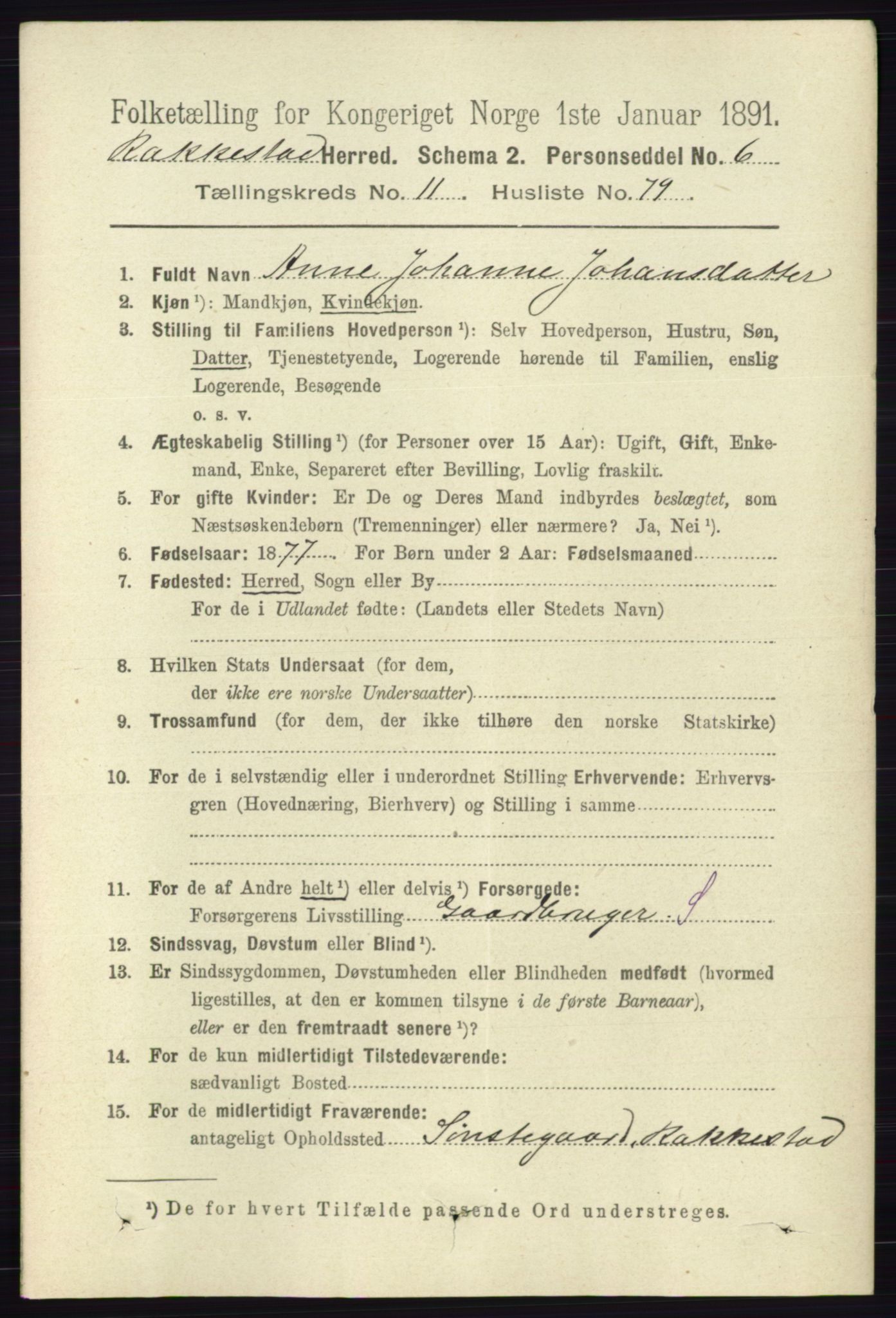 RA, 1891 census for 0128 Rakkestad, 1891, p. 5562