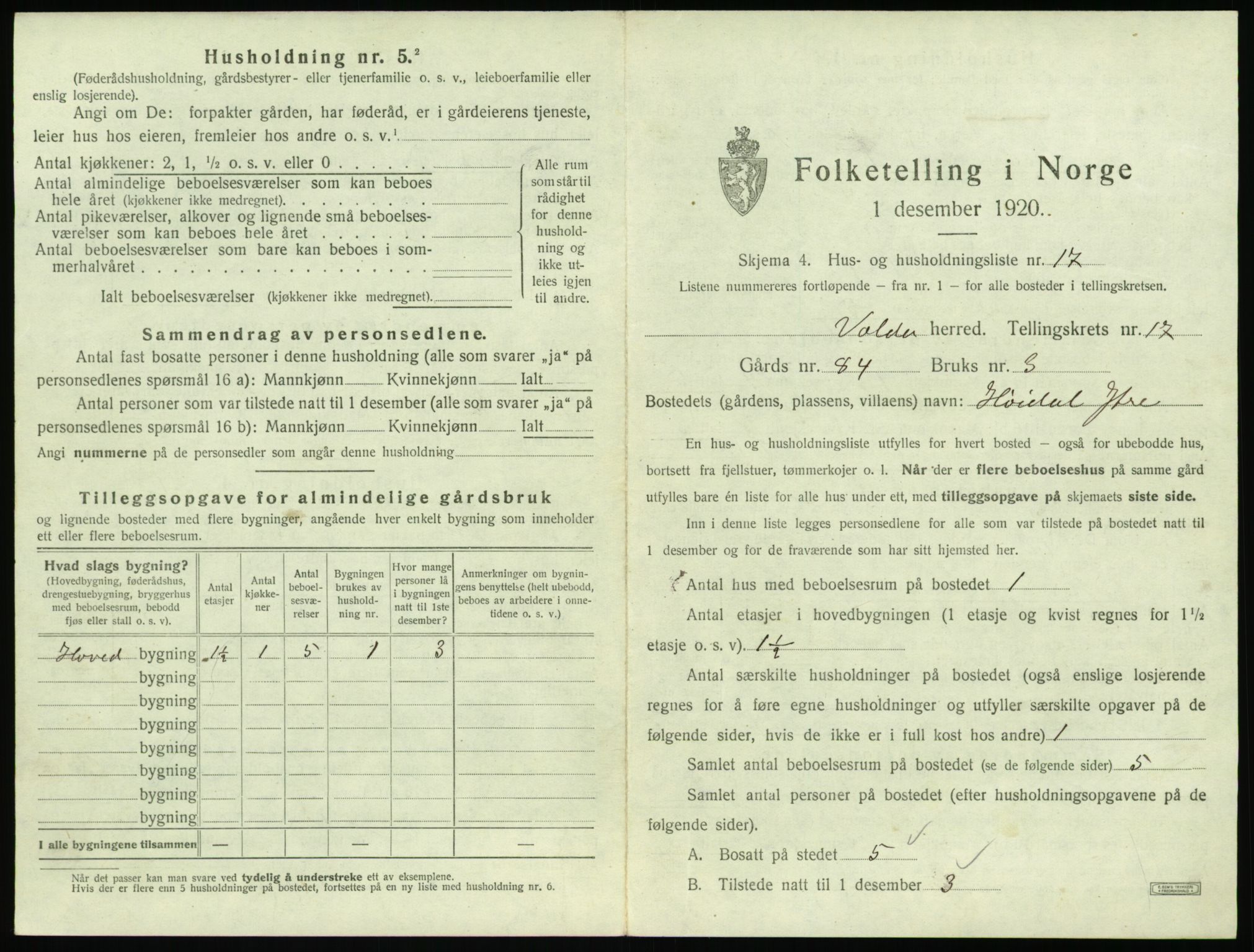 SAT, 1920 census for Volda, 1920, p. 1272