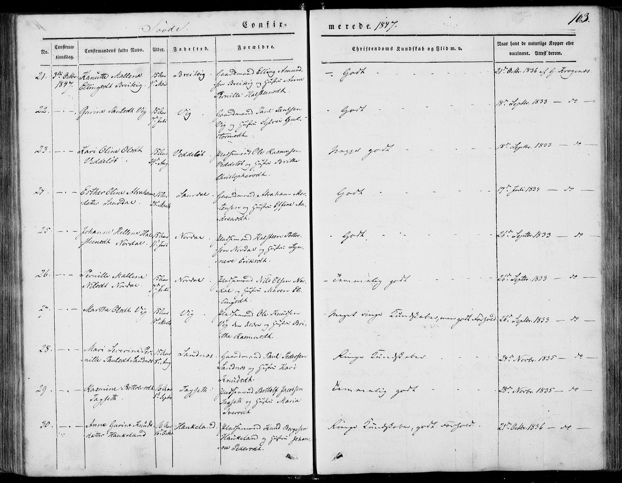 Ministerialprotokoller, klokkerbøker og fødselsregistre - Møre og Romsdal, AV/SAT-A-1454/502/L0023: Parish register (official) no. 502A01, 1844-1873, p. 103