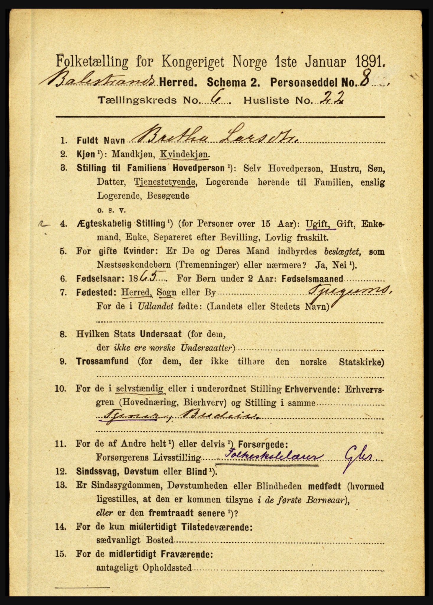 RA, 1891 census for 1418 Balestrand, 1891, p. 1477