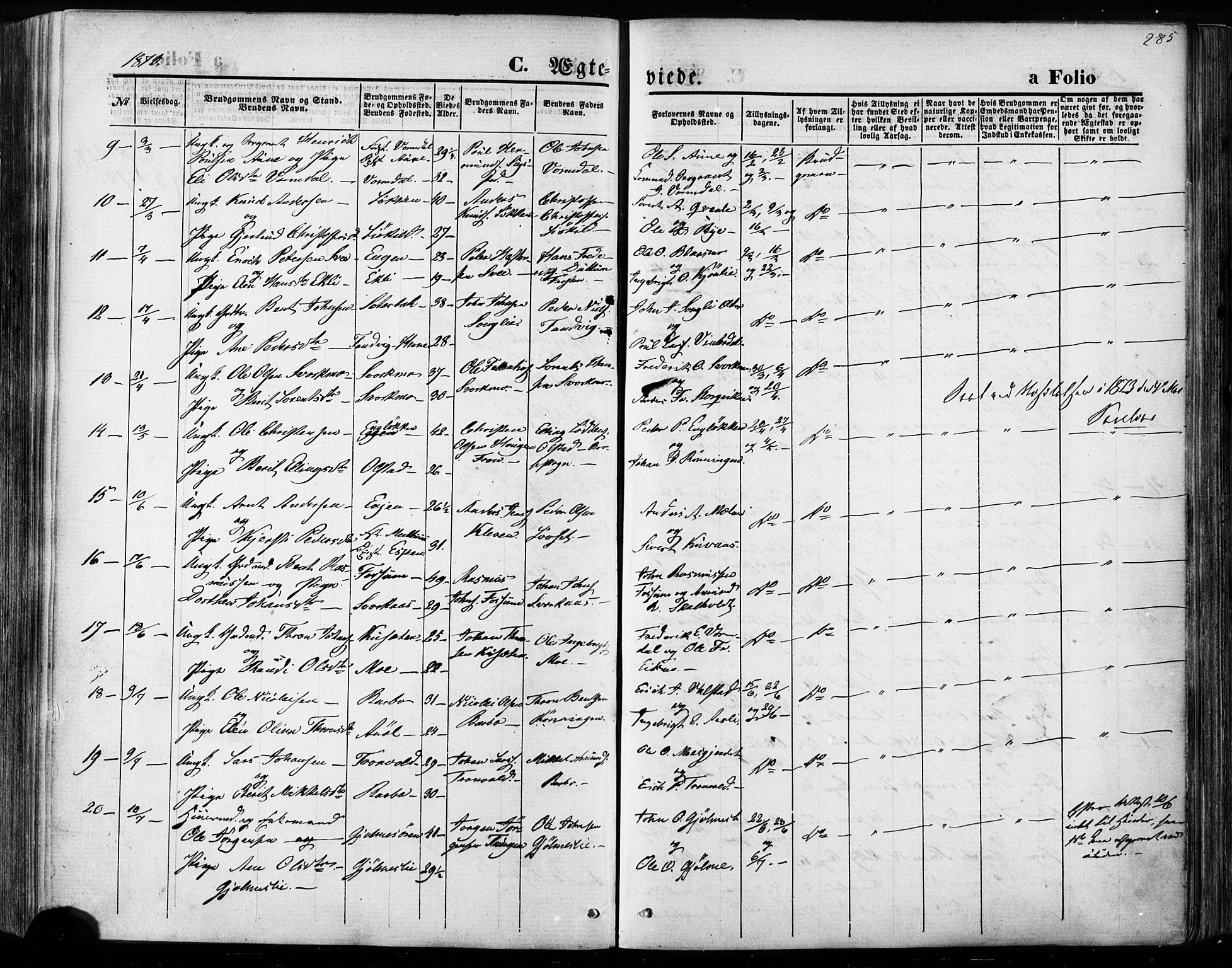 Ministerialprotokoller, klokkerbøker og fødselsregistre - Sør-Trøndelag, SAT/A-1456/668/L0807: Parish register (official) no. 668A07, 1870-1880, p. 285