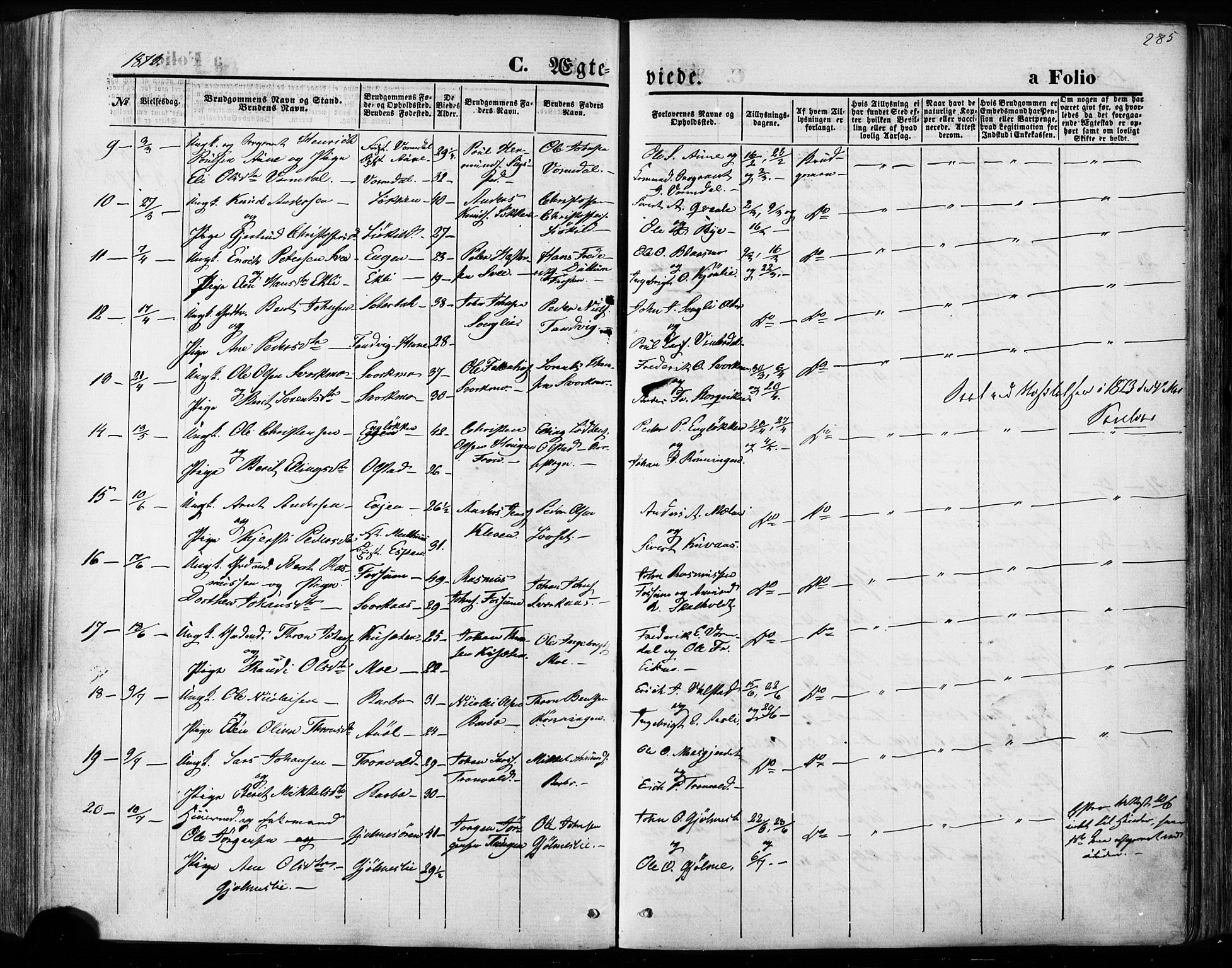 Ministerialprotokoller, klokkerbøker og fødselsregistre - Sør-Trøndelag, AV/SAT-A-1456/668/L0807: Parish register (official) no. 668A07, 1870-1880, p. 285