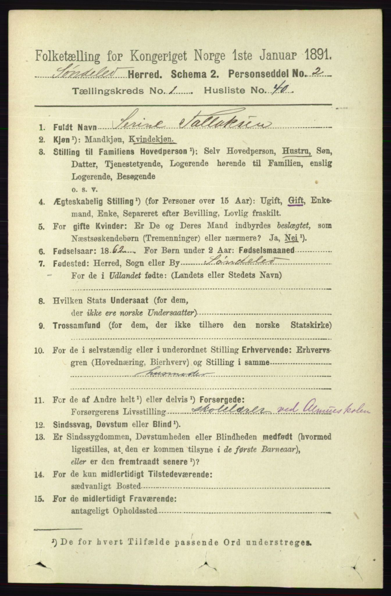 RA, 1891 census for 0913 Søndeled, 1891, p. 343