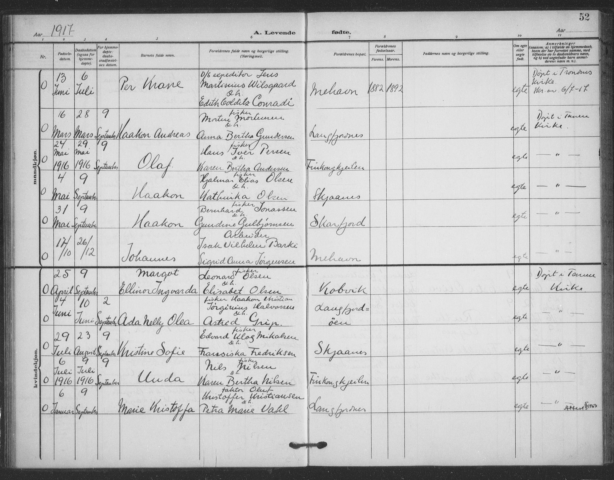 Tana sokneprestkontor, AV/SATØ-S-1334/H/Ha/L0008kirke: Parish register (official) no. 8, 1908-1920, p. 52