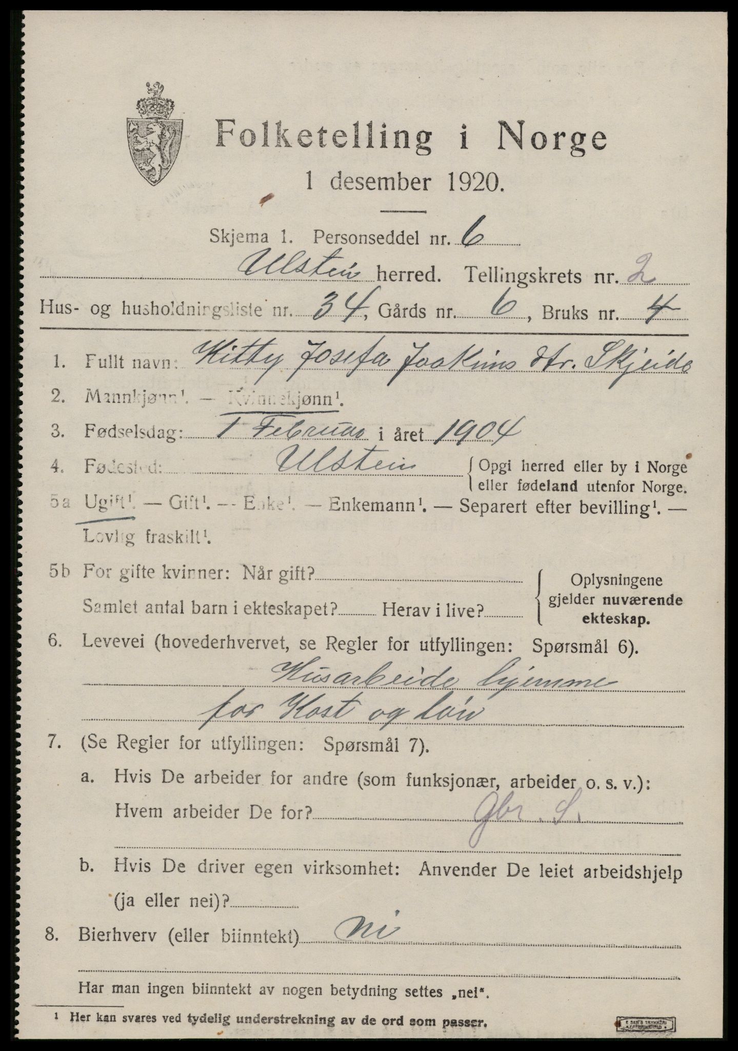 SAT, 1920 census for Ulstein, 1920, p. 1618