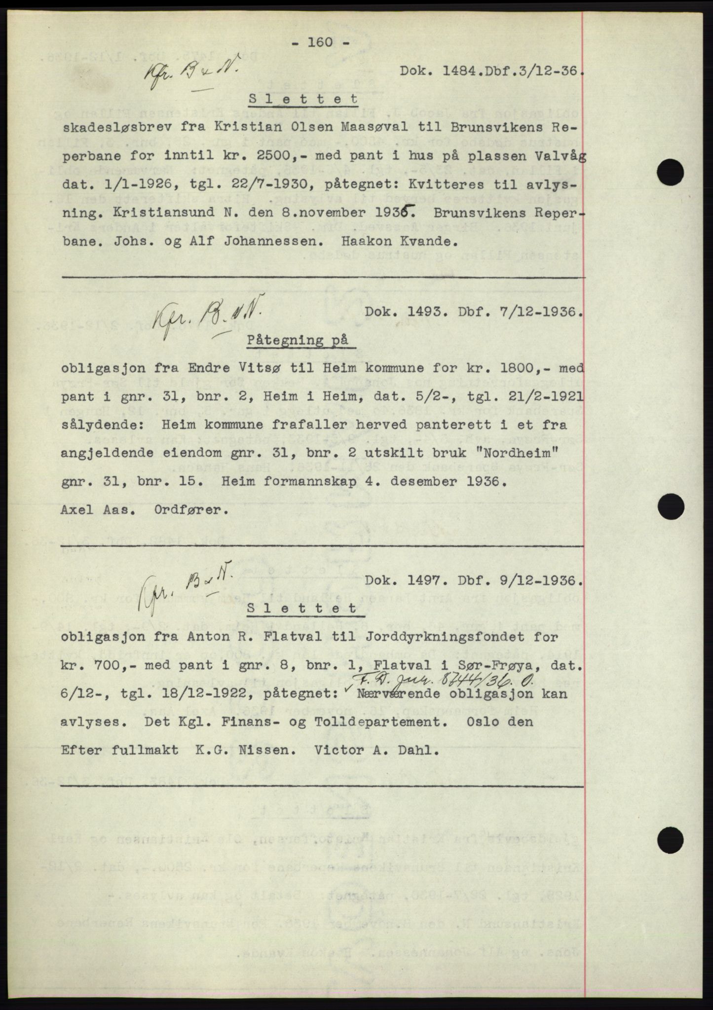 Hitra sorenskriveri, AV/SAT-A-0018/2/2C/2Ca: Mortgage book no. C1, 1936-1945, Diary no: : 1484/1936