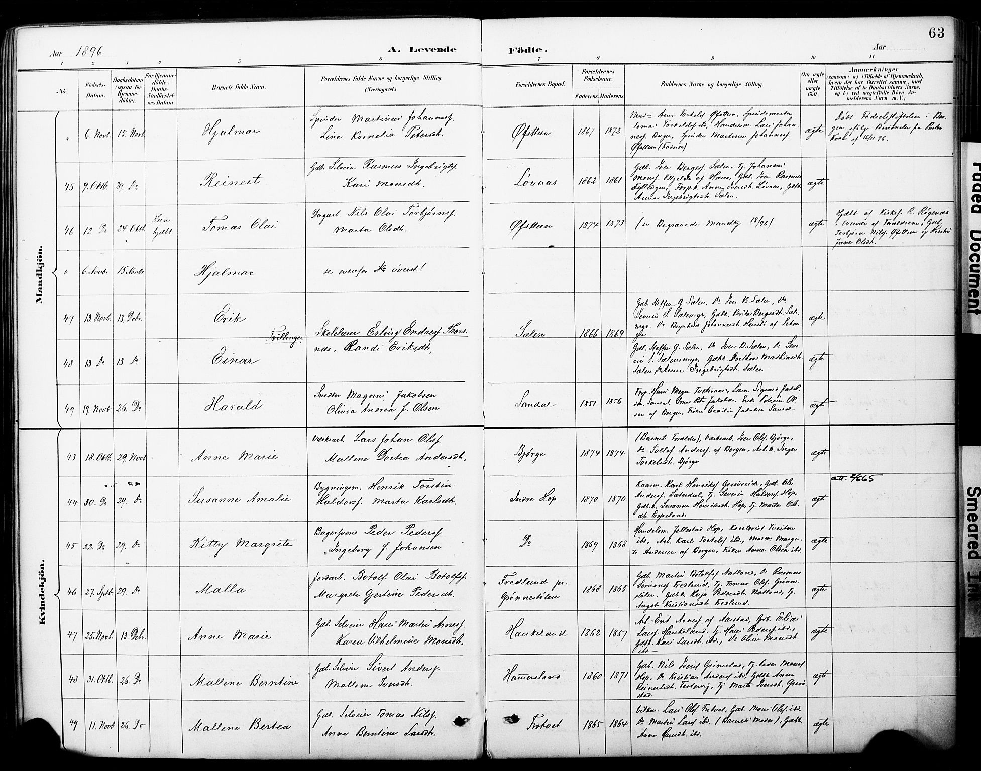 Fana Sokneprestembete, AV/SAB-A-75101/H/Haa/Haai/L0002: Parish register (official) no. I 2, 1888-1899, p. 63