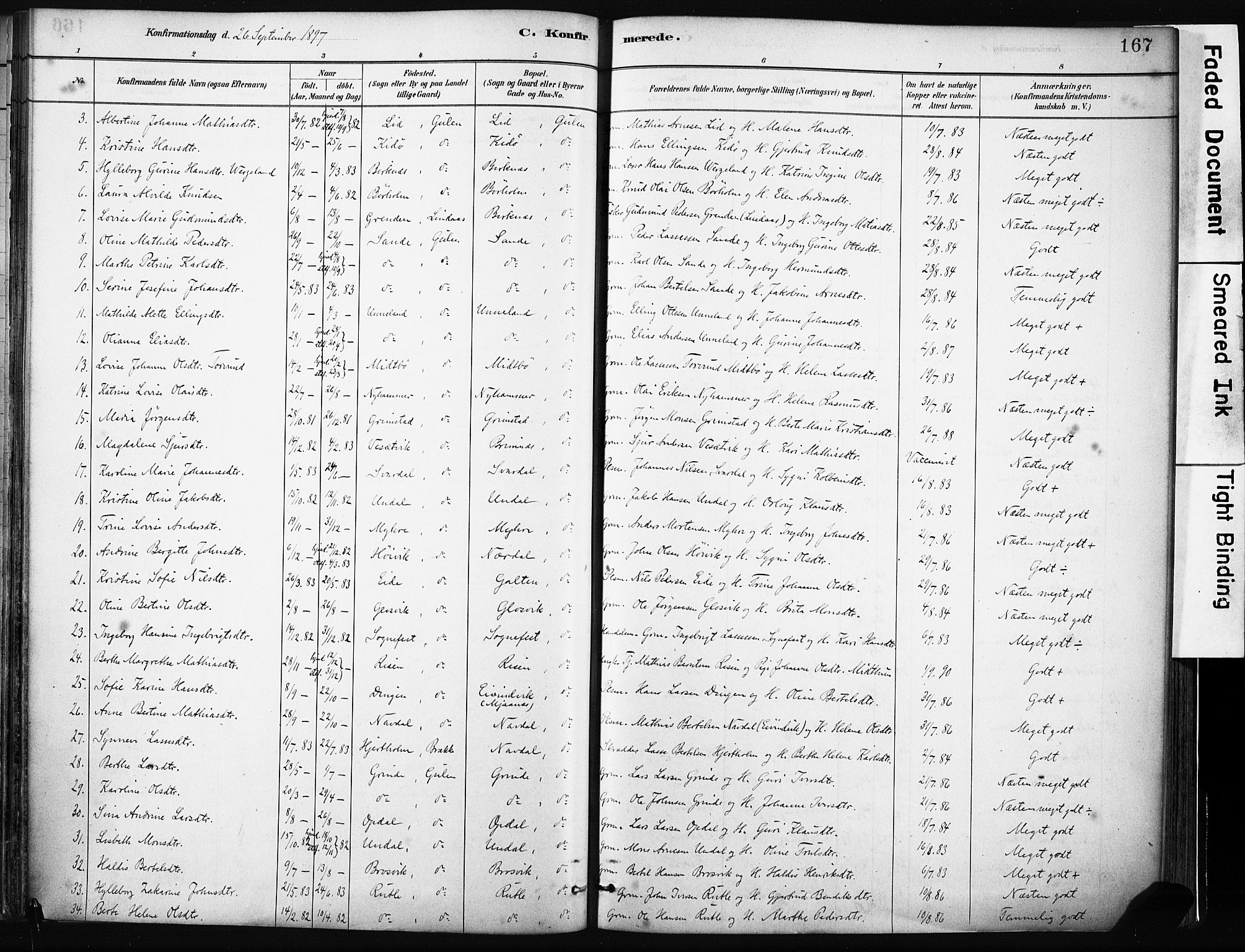 Gulen sokneprestembete, SAB/A-80201/H/Haa/Haab/L0001: Parish register (official) no. B 1, 1881-1905, p. 167