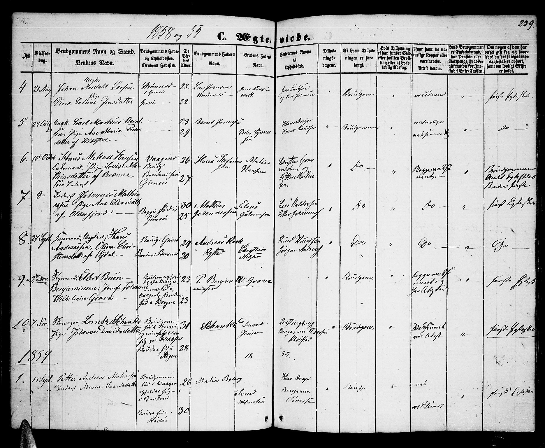 Ministerialprotokoller, klokkerbøker og fødselsregistre - Nordland, AV/SAT-A-1459/876/L1102: Parish register (copy) no. 876C01, 1852-1886, p. 239