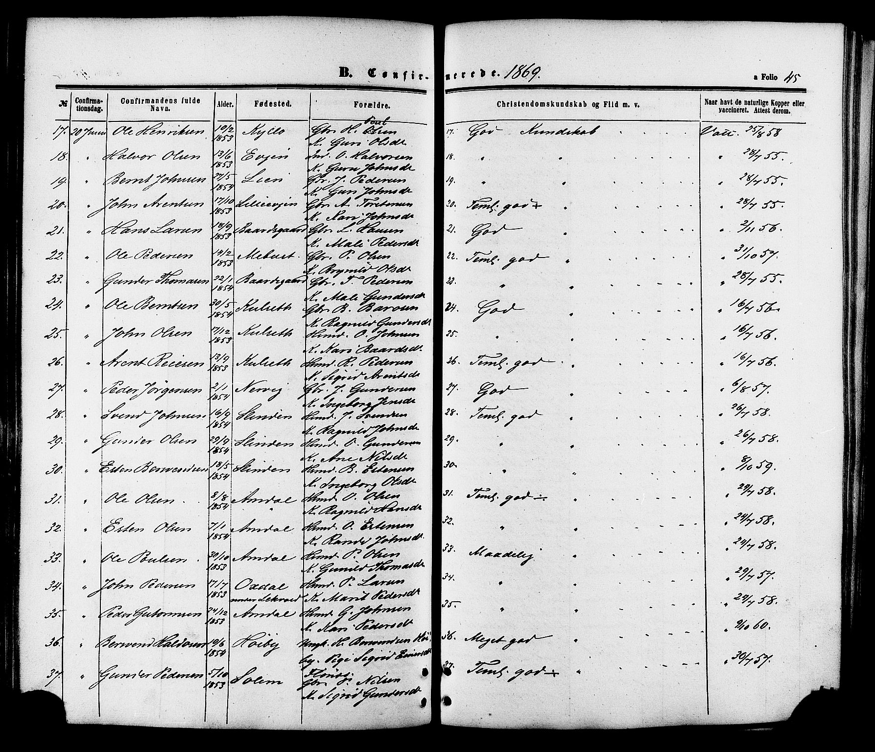 Ministerialprotokoller, klokkerbøker og fødselsregistre - Sør-Trøndelag, SAT/A-1456/695/L1147: Parish register (official) no. 695A07, 1860-1877, p. 45
