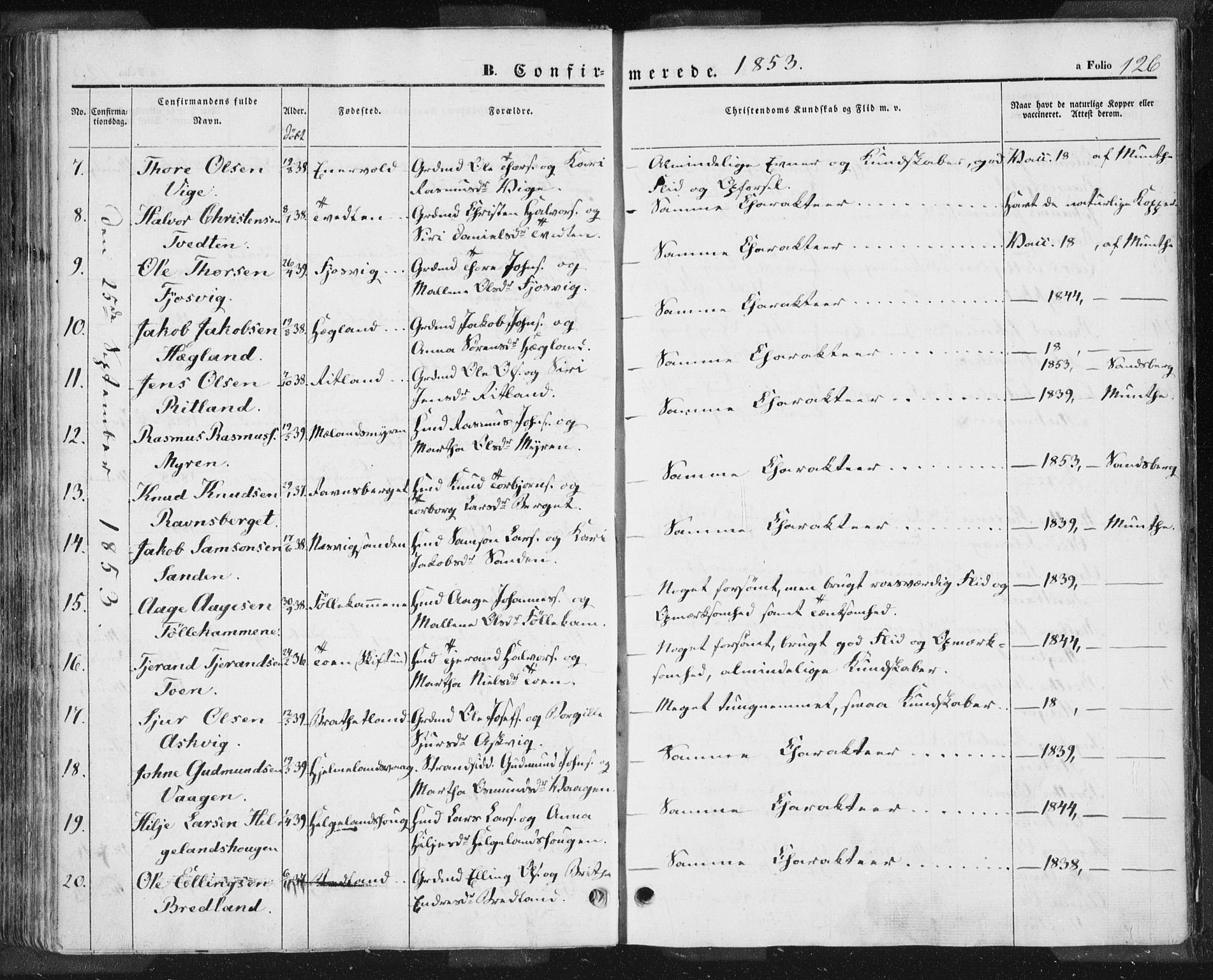 Hjelmeland sokneprestkontor, AV/SAST-A-101843/01/IV/L0009: Parish register (official) no. A 9, 1846-1860, p. 126