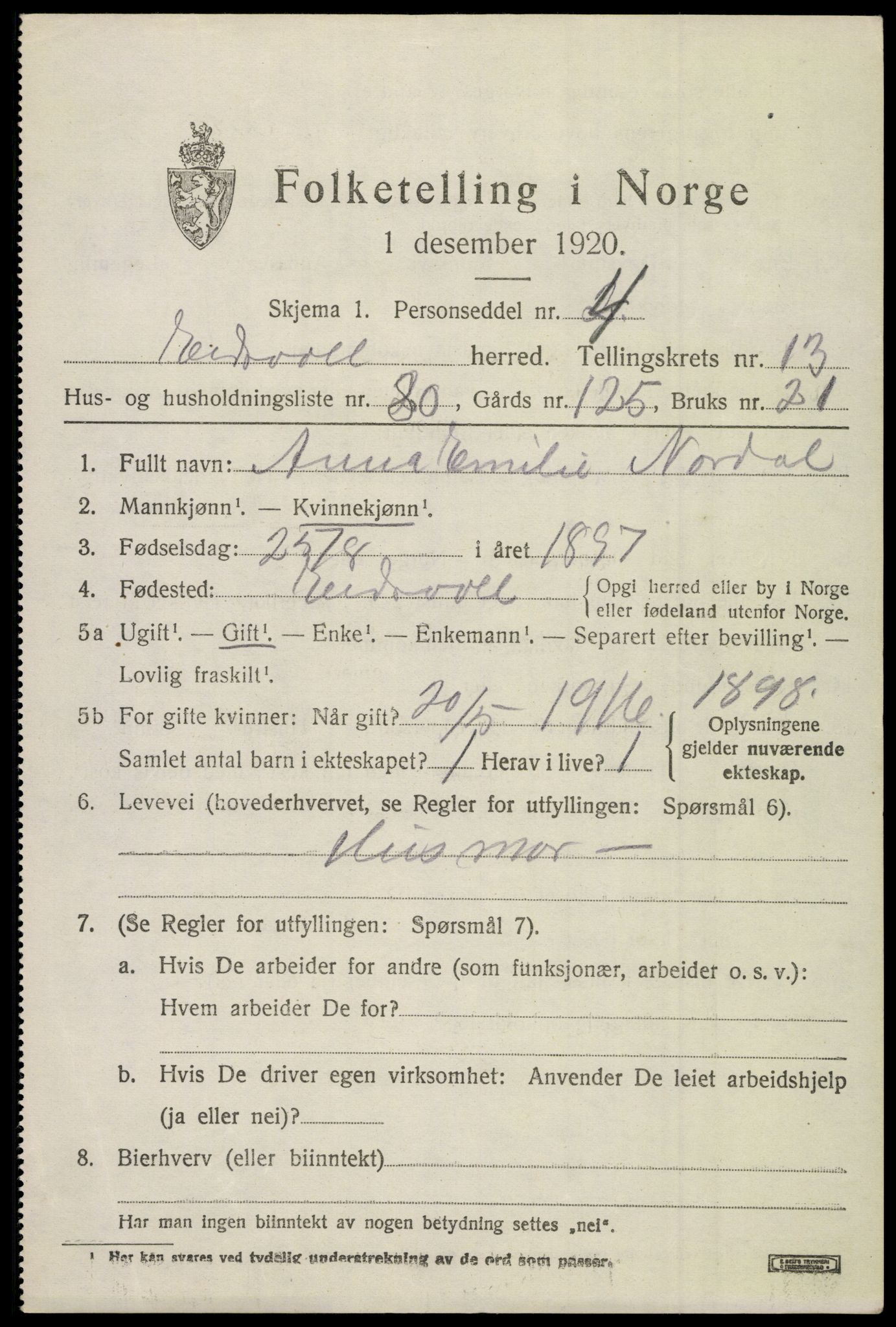 SAO, 1920 census for Eidsvoll, 1920, p. 20911