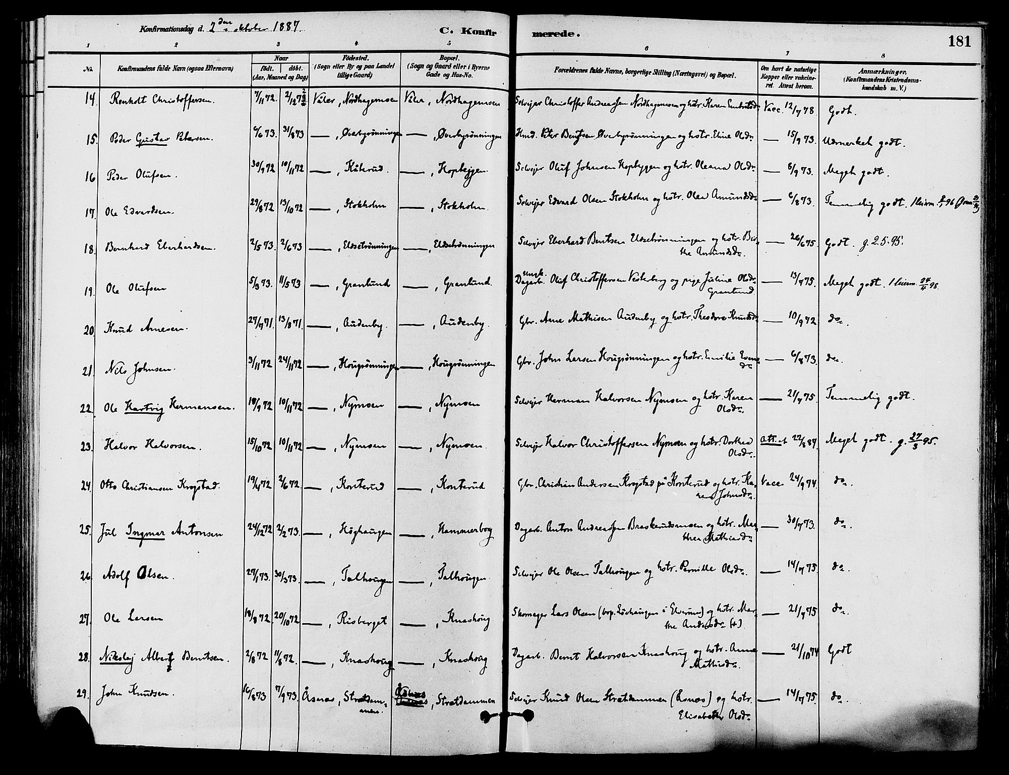 Våler prestekontor, Hedmark, AV/SAH-PREST-040/H/Ha/Haa/L0002: Parish register (official) no. 3, 1879-1911, p. 181