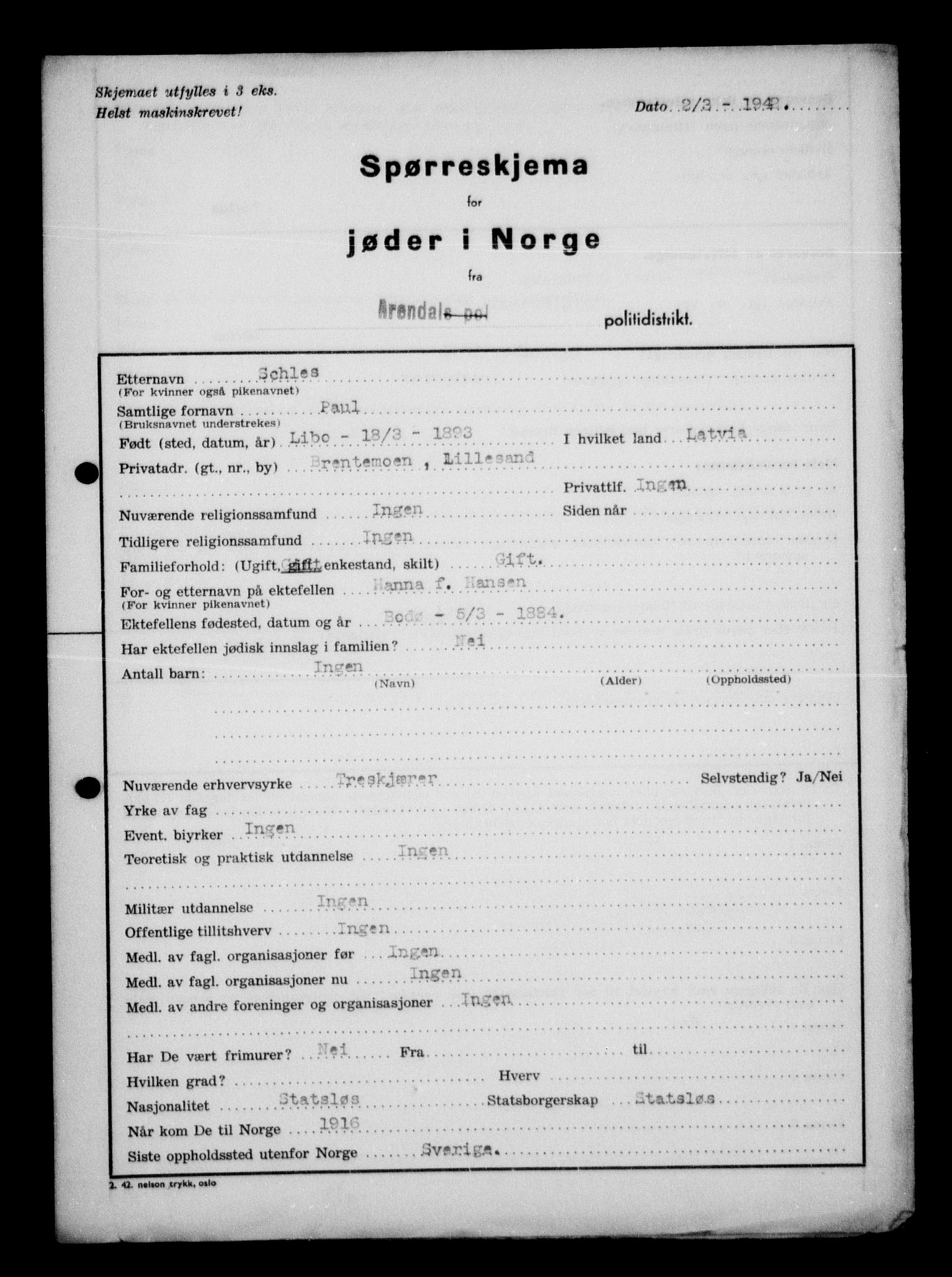 Statspolitiet - Hovedkontoret / Osloavdelingen, AV/RA-S-1329/G/Ga/L0012: Spørreskjema for jøder i Norge. 1: Aker 114- 207 (Levinson-Wozak) og 656 (Salomon). 2: Arendal-Hordaland. 3: Horten-Romerike.  , 1942, p. 294