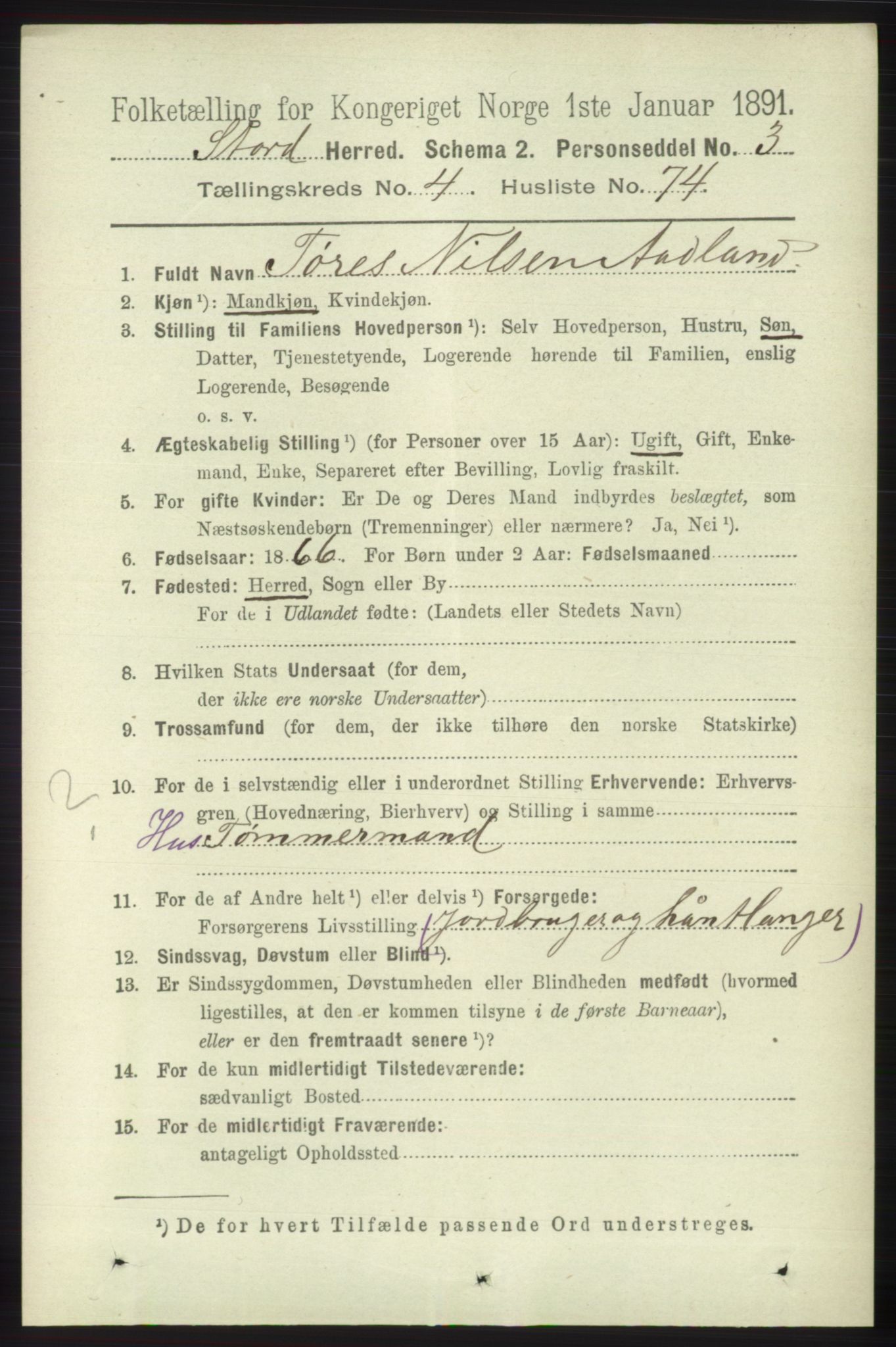 RA, 1891 census for 1221 Stord, 1891, p. 1577