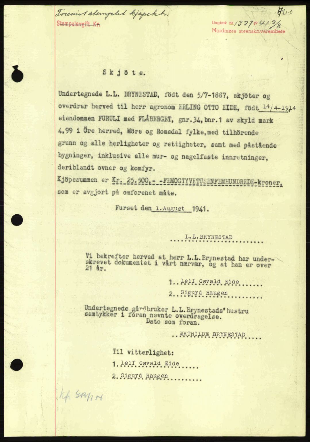 Nordmøre sorenskriveri, SAT/A-4132/1/2/2Ca: Mortgage book no. A90, 1941-1941, Diary no: : 1327/1941
