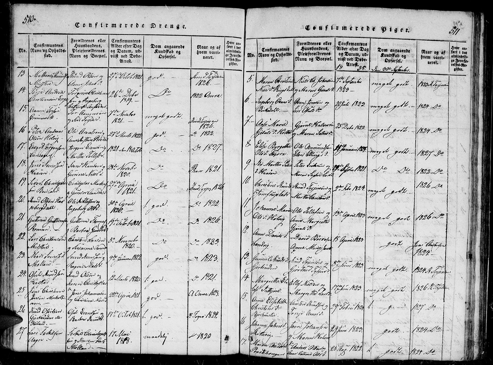 Hommedal sokneprestkontor, AV/SAK-1111-0023/F/Fb/Fbb/L0003: Parish register (copy) no. B 3 /1, 1816-1850, p. 510-511