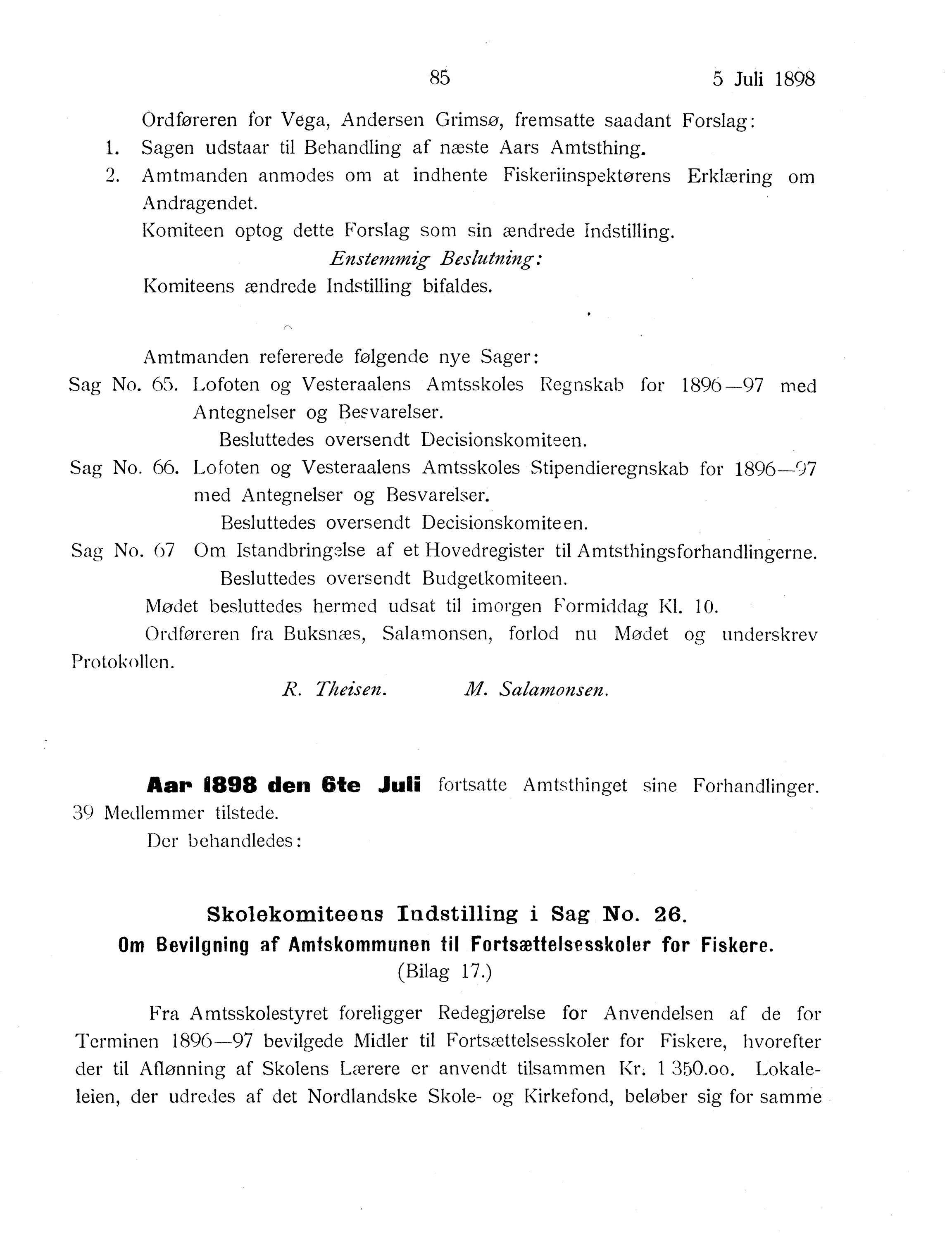 Nordland Fylkeskommune. Fylkestinget, AIN/NFK-17/176/A/Ac/L0021: Fylkestingsforhandlinger 1898, 1898, p. 85