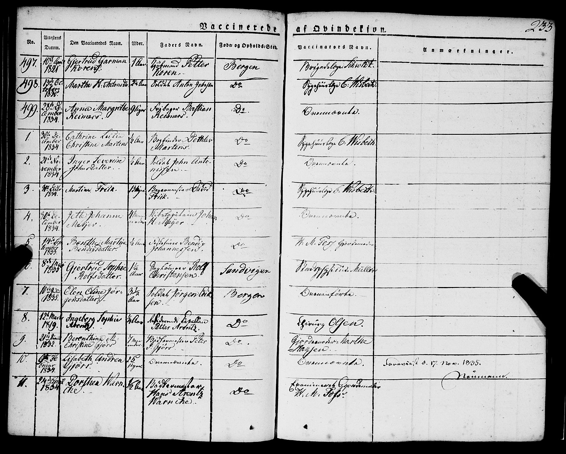 Korskirken sokneprestembete, SAB/A-76101/H/Haa/L0050: Parish register (official) no. F 1, 1821-1869, p. 233