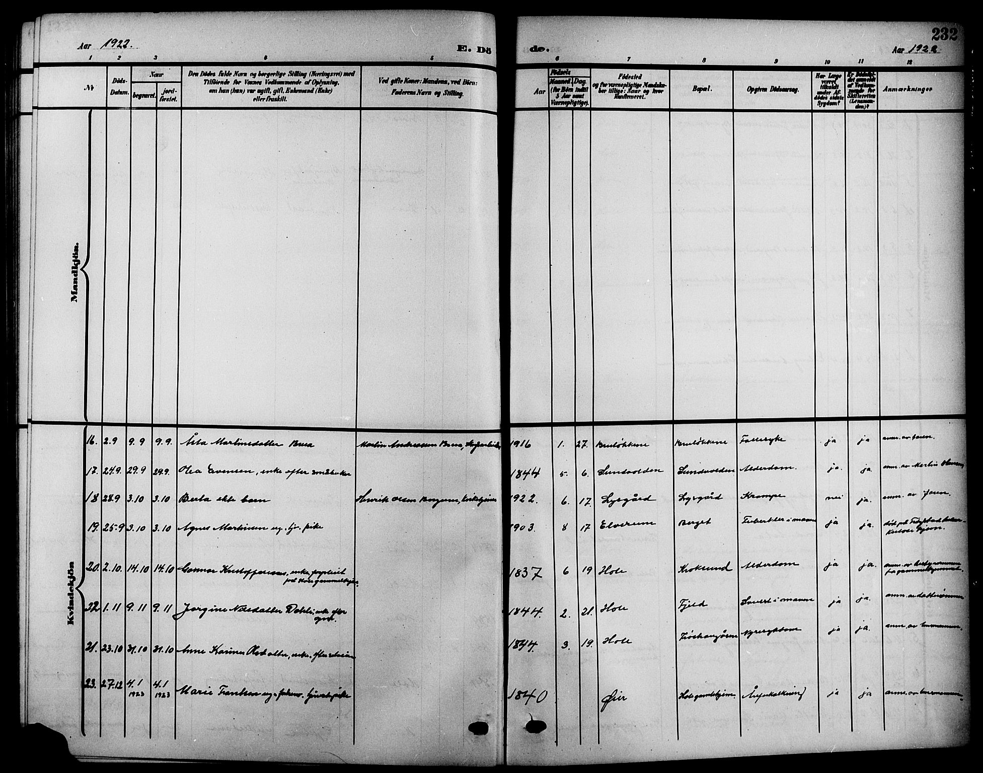 Hole kirkebøker, AV/SAKO-A-228/G/Ga/L0004: Parish register (copy) no. I 4, 1905-1924, p. 232