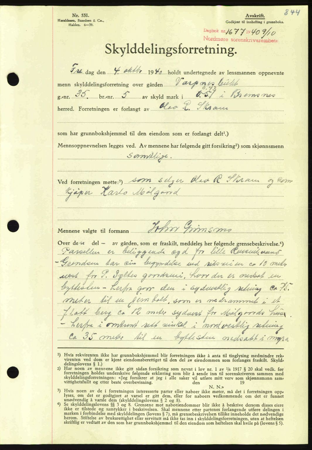 Nordmøre sorenskriveri, AV/SAT-A-4132/1/2/2Ca: Mortgage book no. A88, 1940-1940, Diary no: : 1677/1940