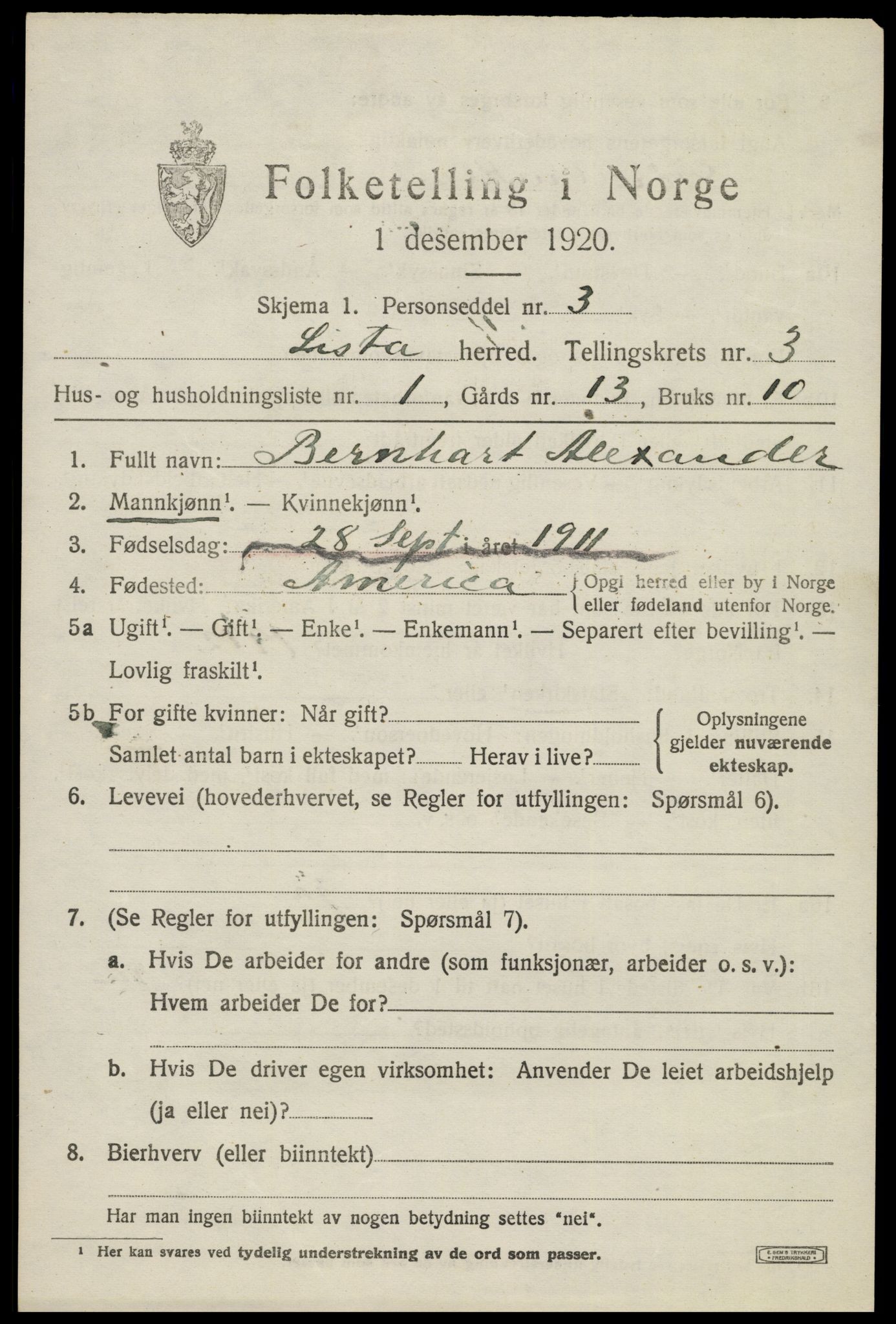 SAK, 1920 census for Lista, 1920, p. 4421