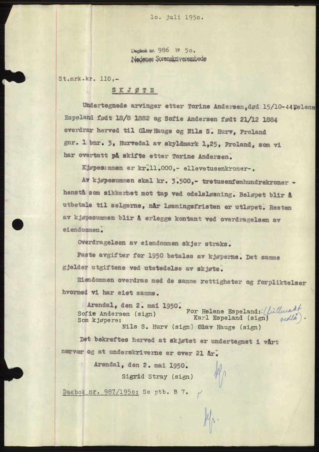 Nedenes sorenskriveri, AV/SAK-1221-0006/G/Gb/Gba/L0062: Mortgage book no. A14, 1949-1950, Diary no: : 986/1950