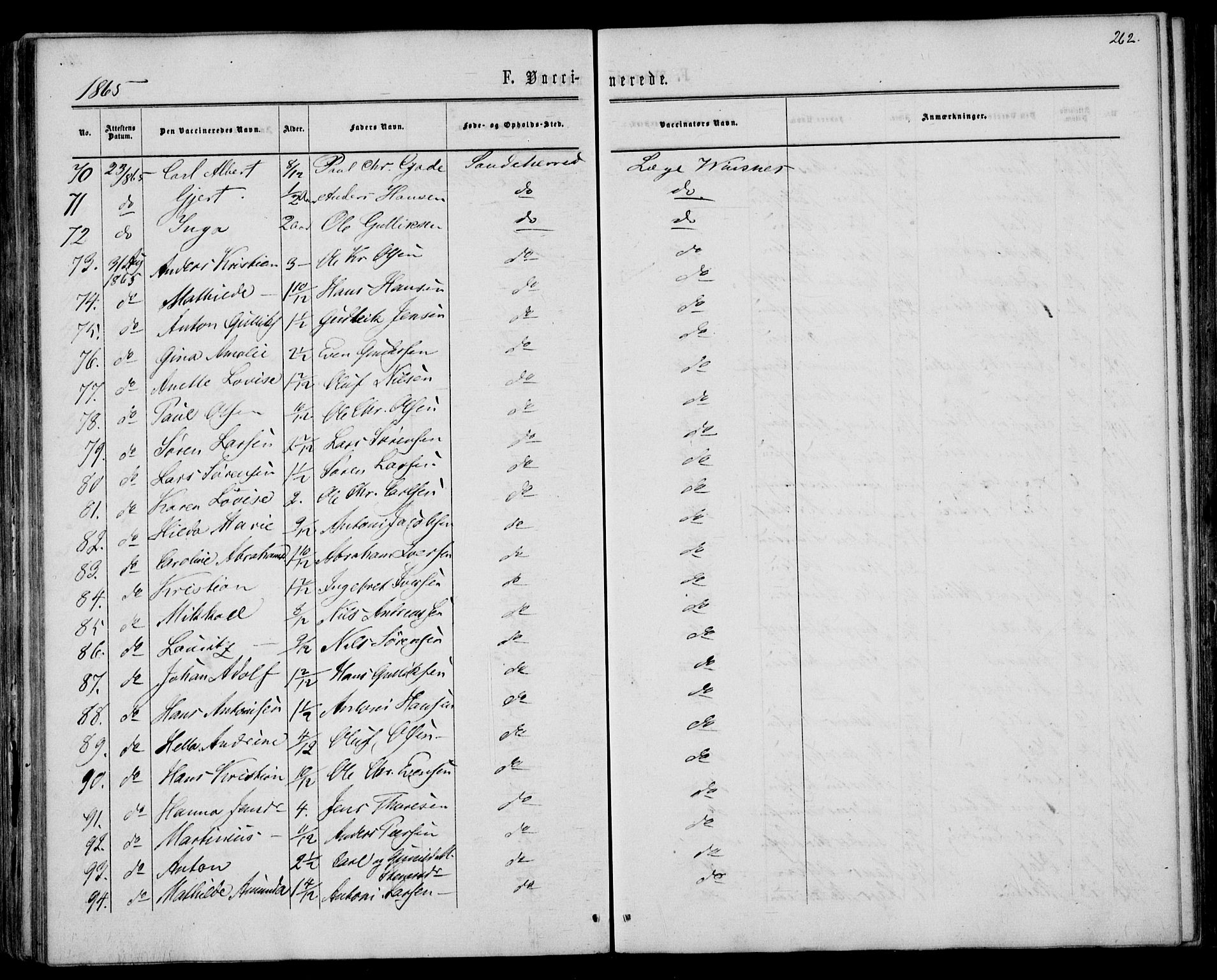 Sandar kirkebøker, AV/SAKO-A-243/F/Fa/L0009: Parish register (official) no. 9, 1862-1871, p. 262