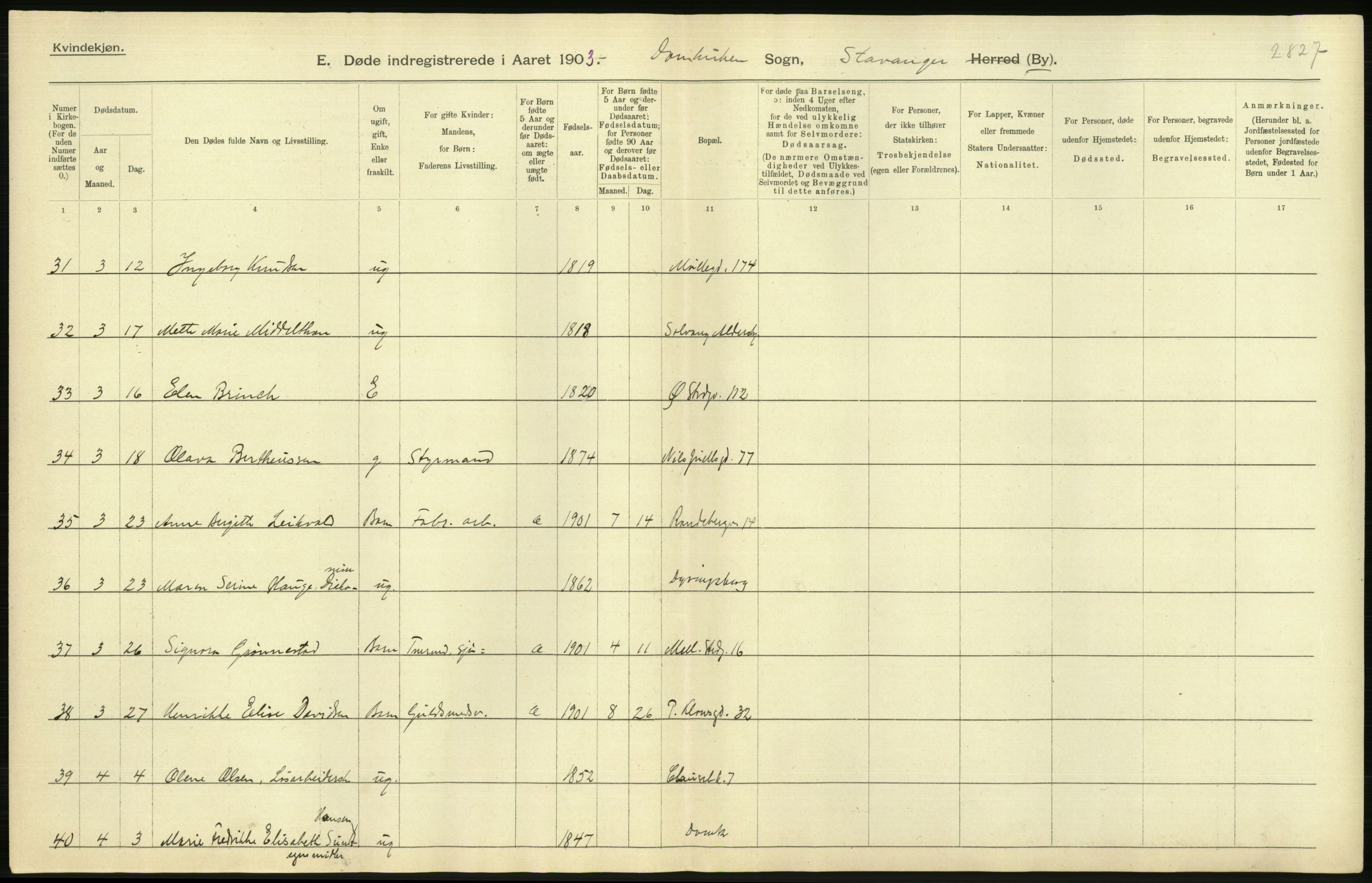 Statistisk sentralbyrå, Sosiodemografiske emner, Befolkning, AV/RA-S-2228/D/Df/Dfa/Dfaa/L0012: Stavanger amt: Fødte, gifte, døde, 1903, p. 838