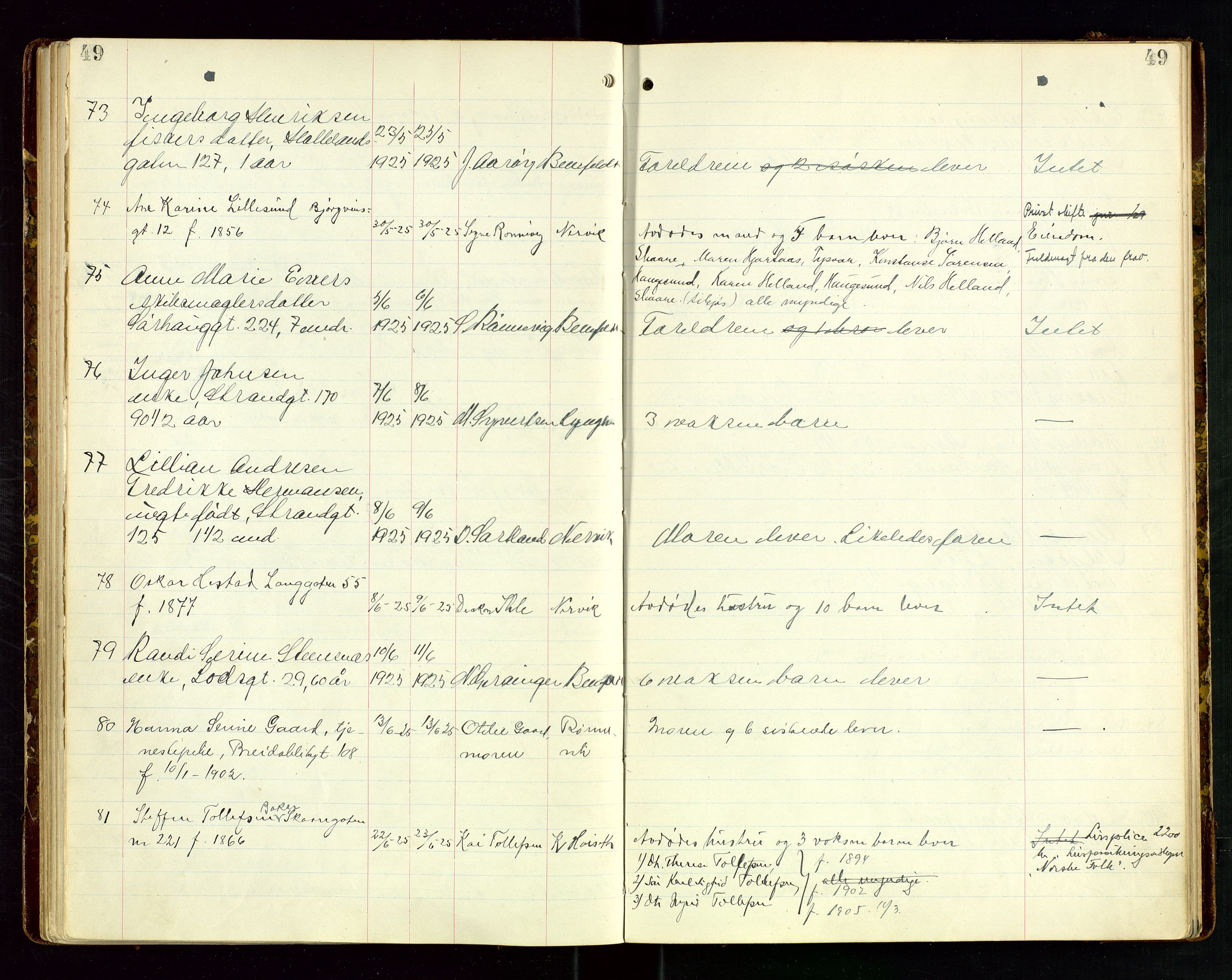 Haugesund tingrett, AV/SAST-A-101415/01/IV/IVJ/L0006: Dødsfallsprotokoll, 1922-1928, p. 49