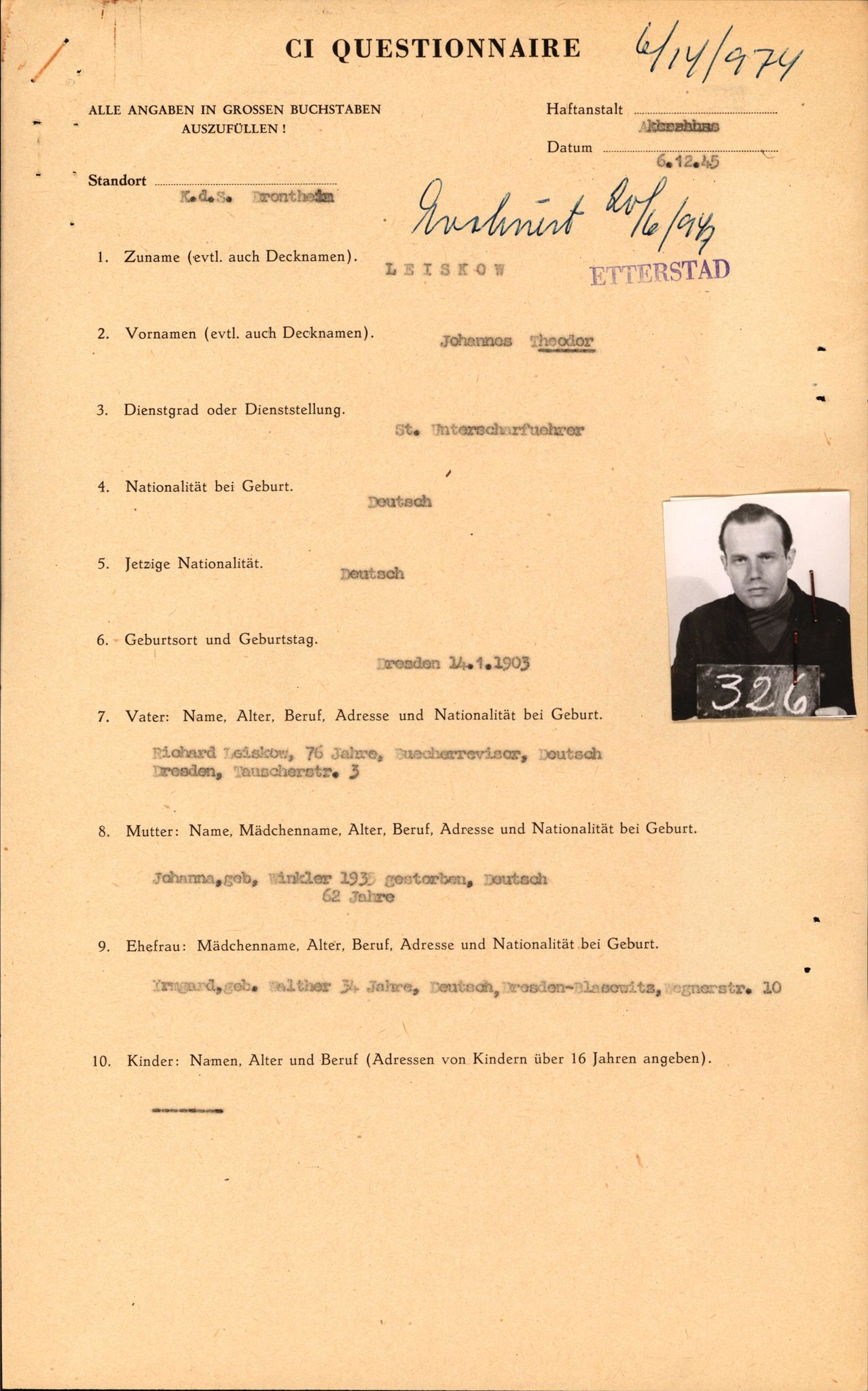 Forsvaret, Forsvarets overkommando II, AV/RA-RAFA-3915/D/Db/L0020: CI Questionaires. Tyske okkupasjonsstyrker i Norge. Tyskere., 1945-1946, p. 73