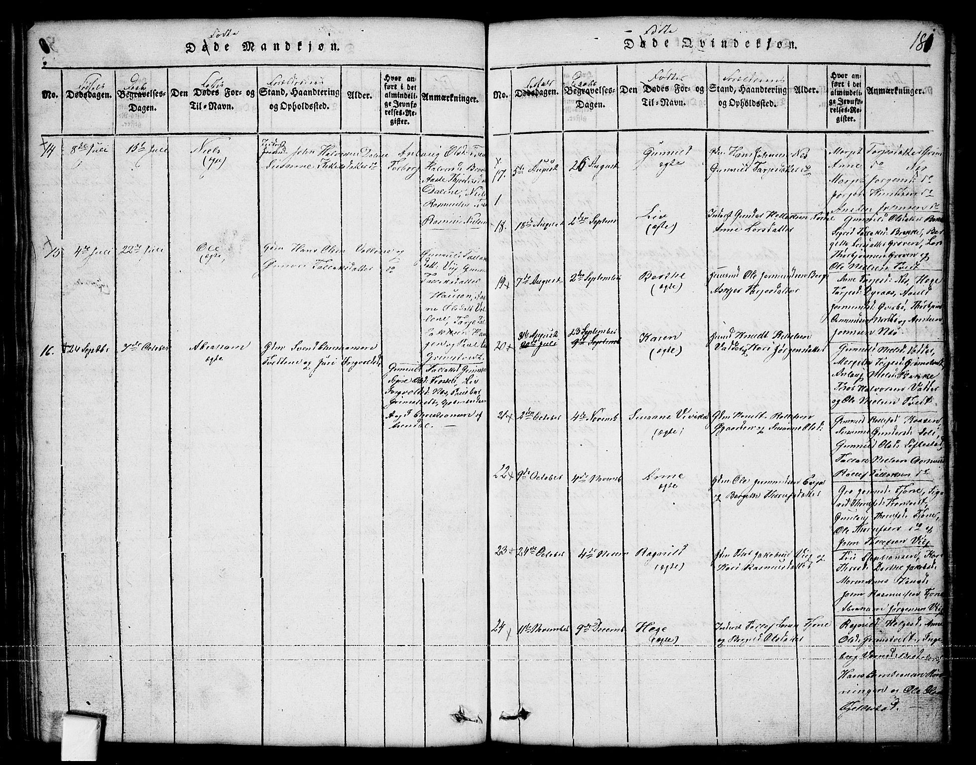 Nissedal kirkebøker, SAKO/A-288/G/Ga/L0001: Parish register (copy) no. I 1, 1814-1860, p. 181