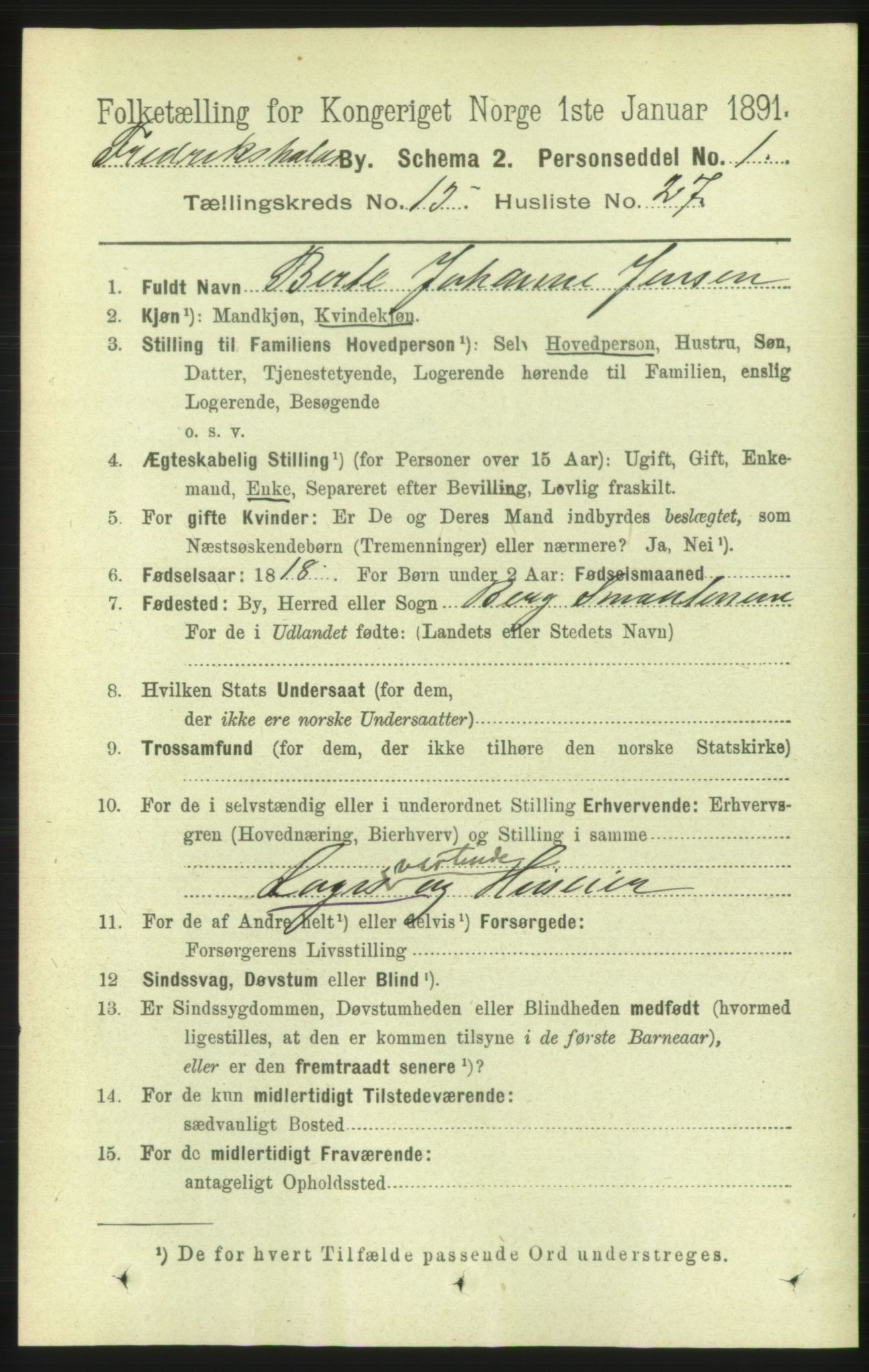 RA, 1891 census for 0101 Fredrikshald, 1891, p. 9715