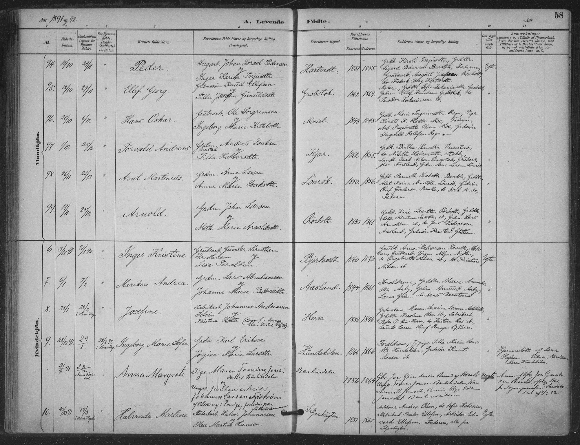 Bamble kirkebøker, AV/SAKO-A-253/F/Fa/L0008: Parish register (official) no. I 8, 1888-1900, p. 58