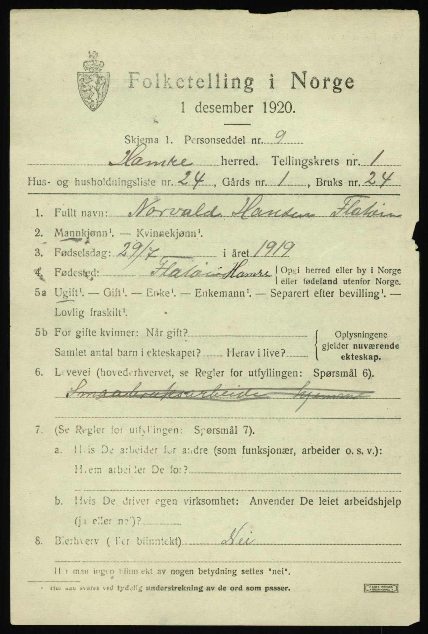 SAB, 1920 census for Hamre, 1920, p. 1259