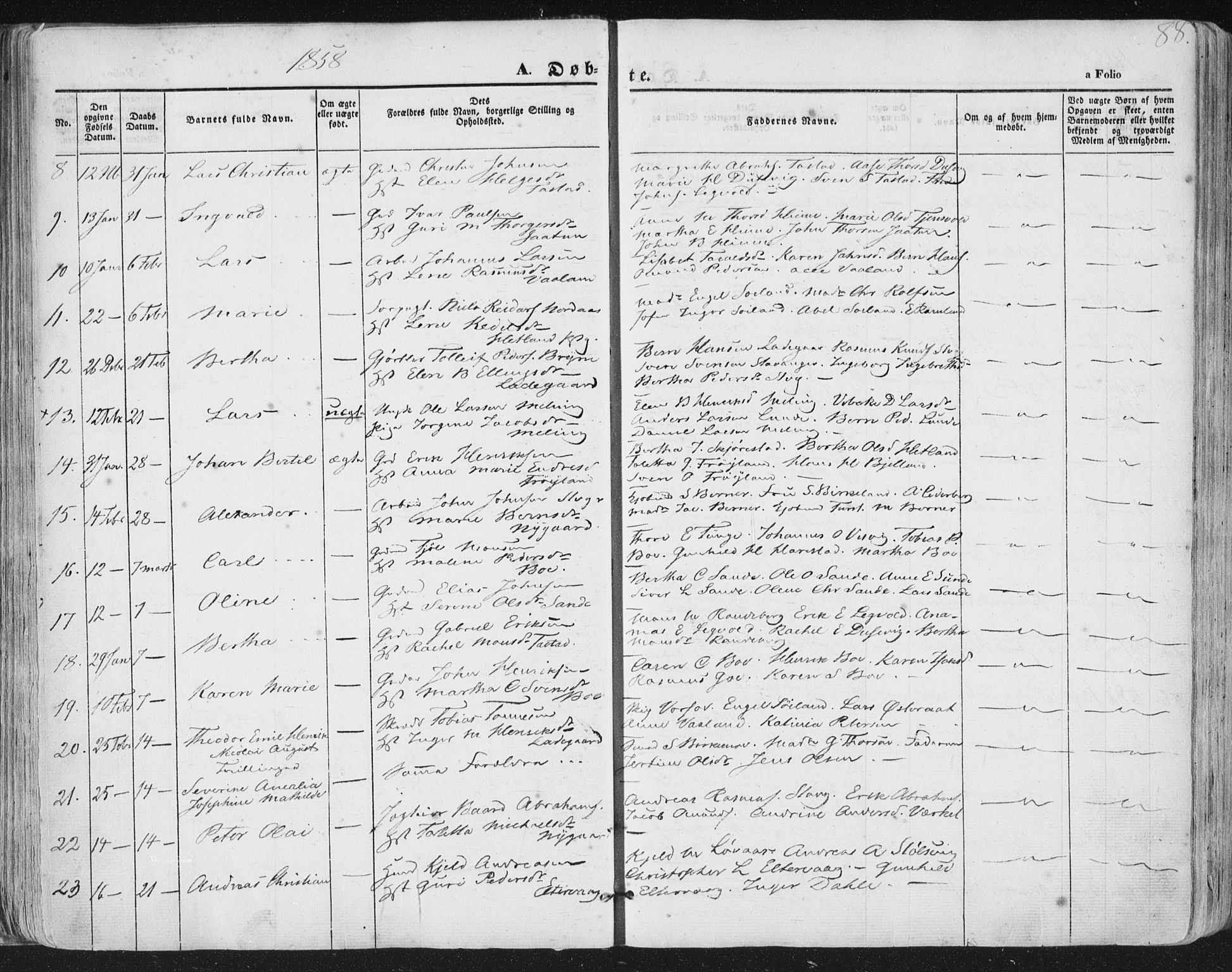 Hetland sokneprestkontor, AV/SAST-A-101826/30/30BA/L0002: Parish register (official) no. A 2, 1849-1869, p. 88