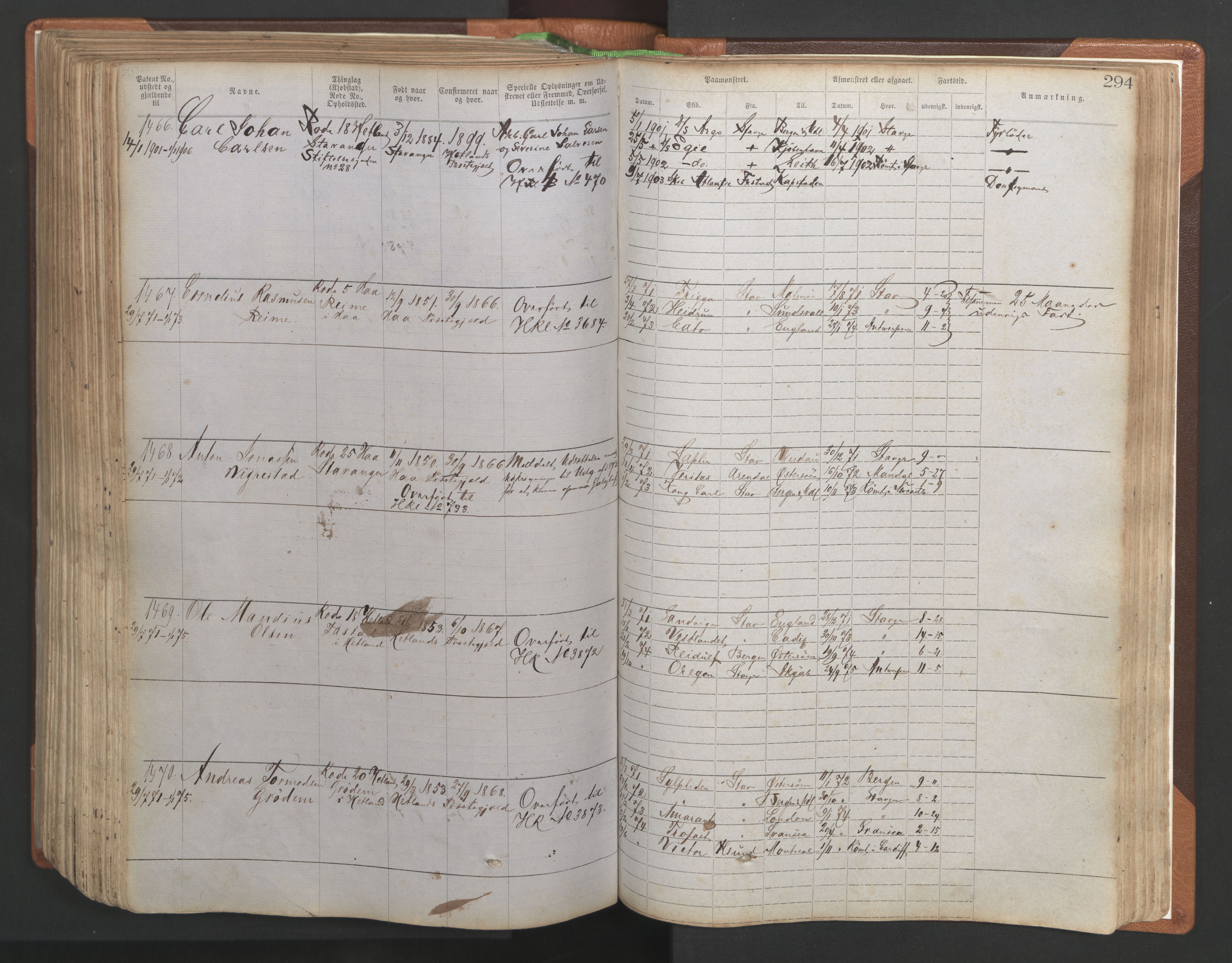 Stavanger sjømannskontor, AV/SAST-A-102006/F/Ff/L0004: Annotasjonsrulle No. 1, patentnr. 1-1785 (del 1), 1869-1900, p. 298