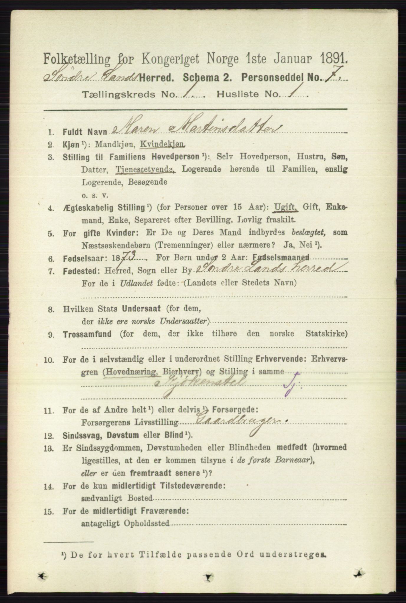 RA, 1891 census for 0536 Søndre Land, 1891, p. 138