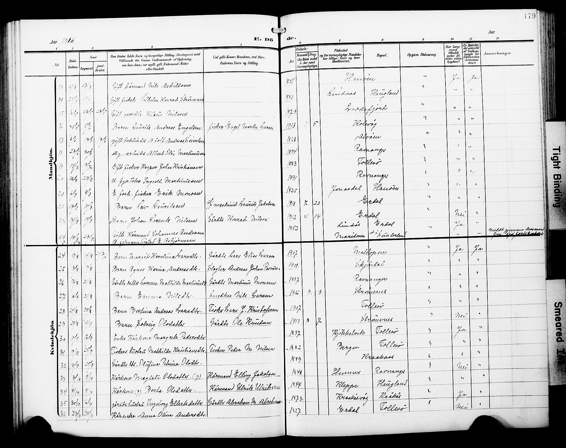 Askøy Sokneprestembete, AV/SAB-A-74101/H/Ha/Hab/Haba/L0014: Parish register (copy) no. A 14, 1904-1927, p. 179