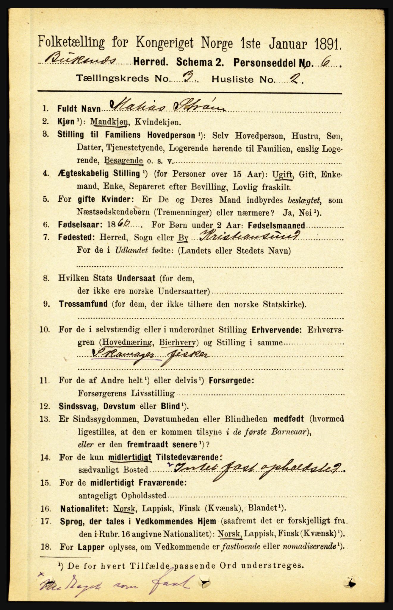 RA, 1891 census for 1860 Buksnes, 1891, p. 2216