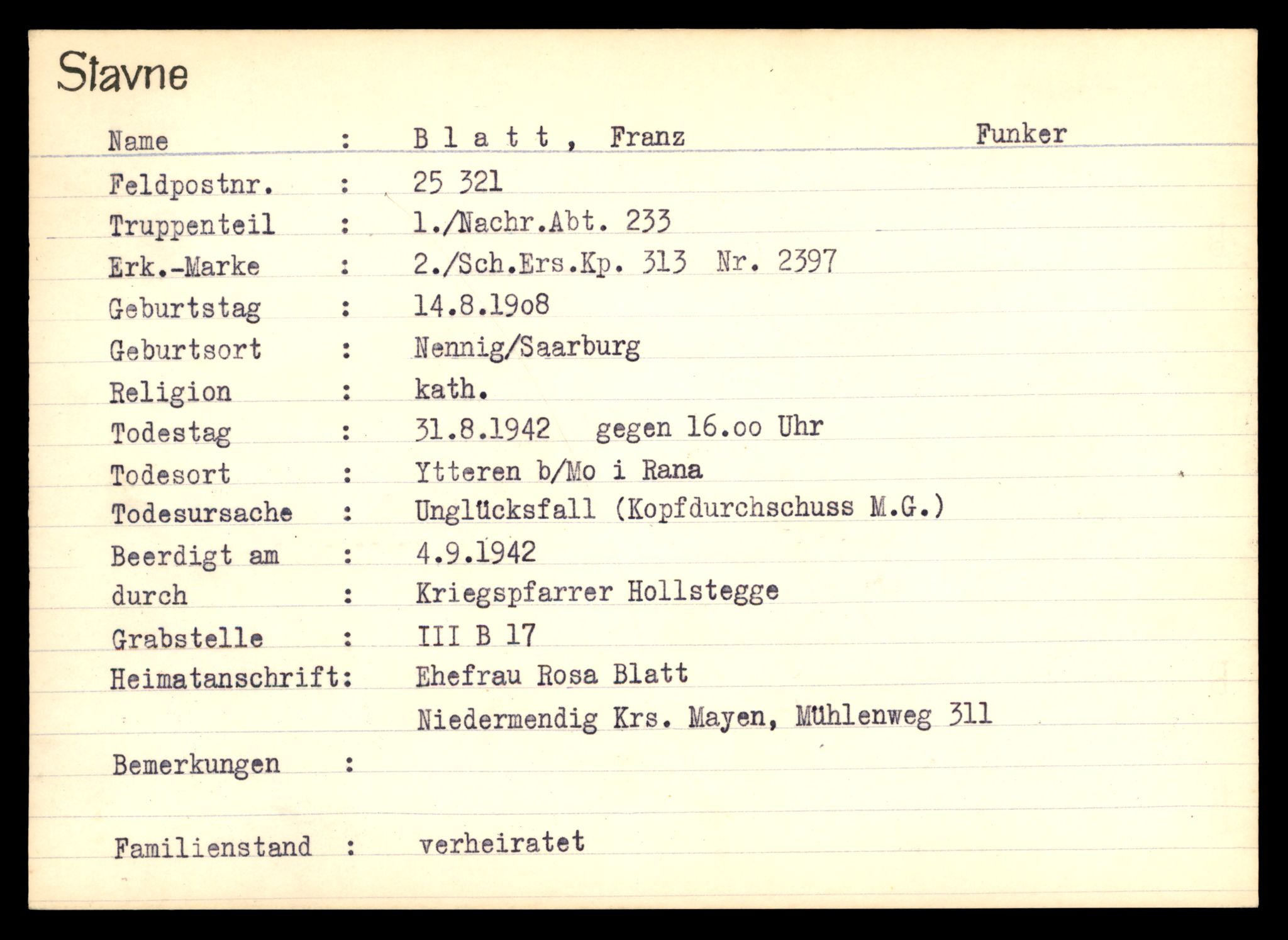 Distriktskontoret for krigsgraver, AV/SAT-A-5030/E/L0003: Kasett/kartotek over tysk Krigskirkegård Stavne, 1945, p. 101