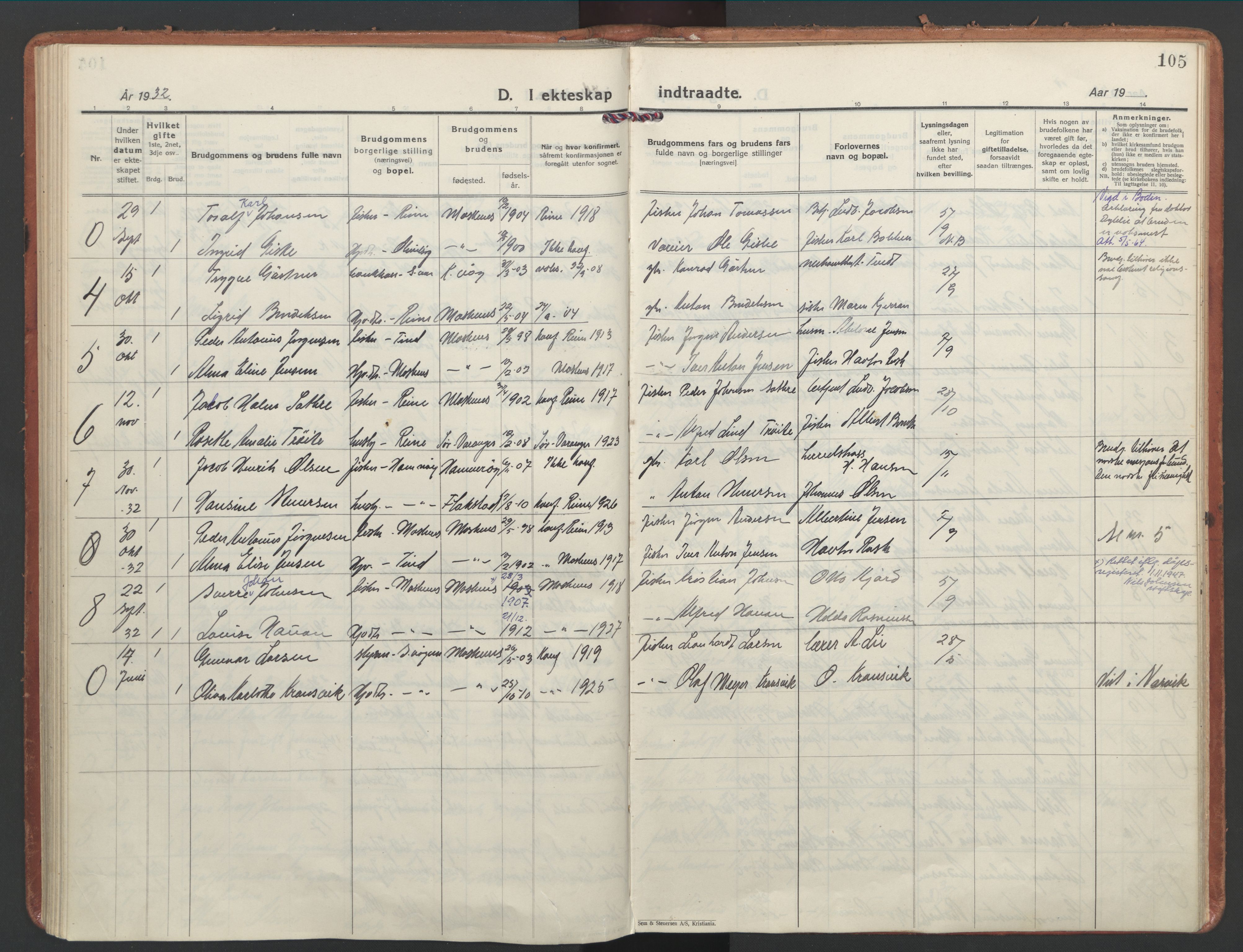 Ministerialprotokoller, klokkerbøker og fødselsregistre - Nordland, AV/SAT-A-1459/886/L1223: Parish register (official) no. 886A05, 1926-1938, p. 105