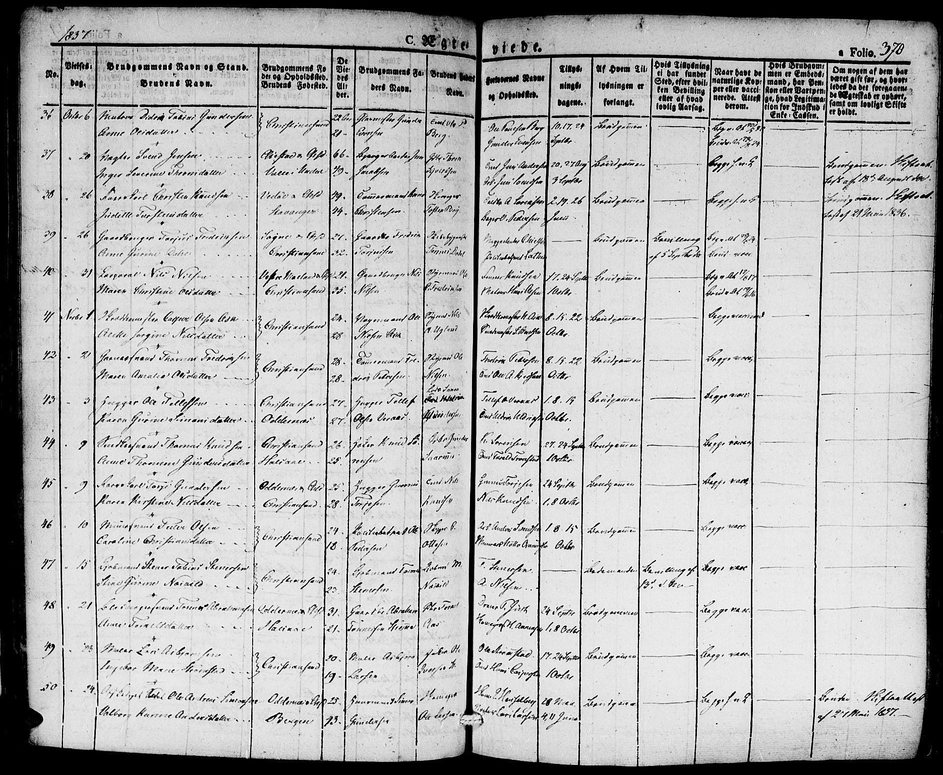 Kristiansand domprosti, AV/SAK-1112-0006/F/Fa/L0011: Parish register (official) no. A 11, 1827-1841, p. 370