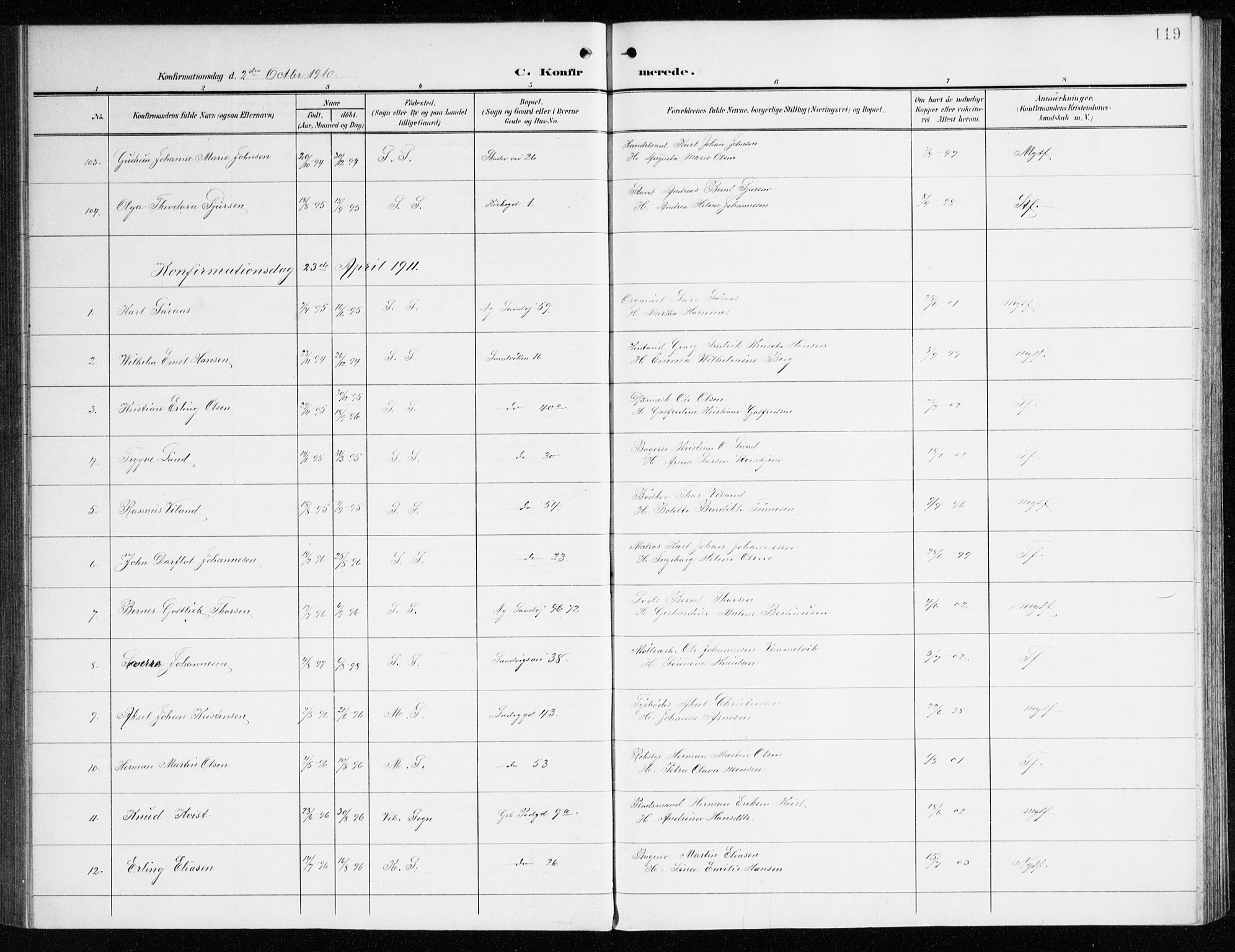 Sandviken Sokneprestembete, SAB/A-77601/H/Ha/L0011: Parish register (official) no. C 2, 1905-1918, p. 119