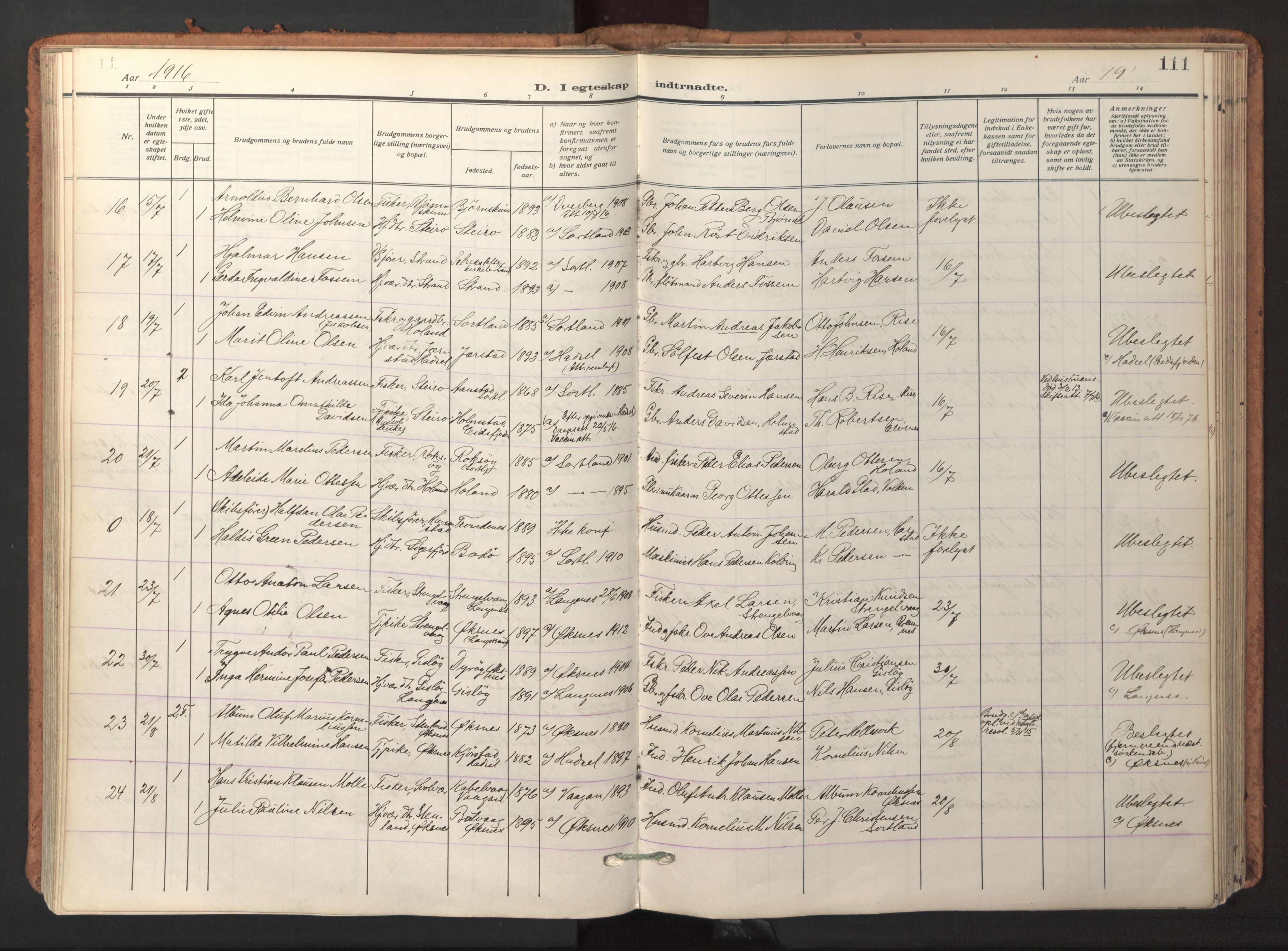 Ministerialprotokoller, klokkerbøker og fødselsregistre - Nordland, AV/SAT-A-1459/895/L1374: Parish register (official) no. 895A09, 1915-1925, p. 111