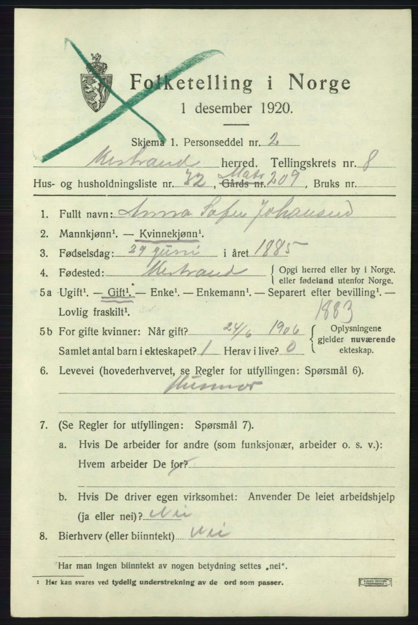 SATØ, 1920 census for Kistrand, 1920, p. 5108