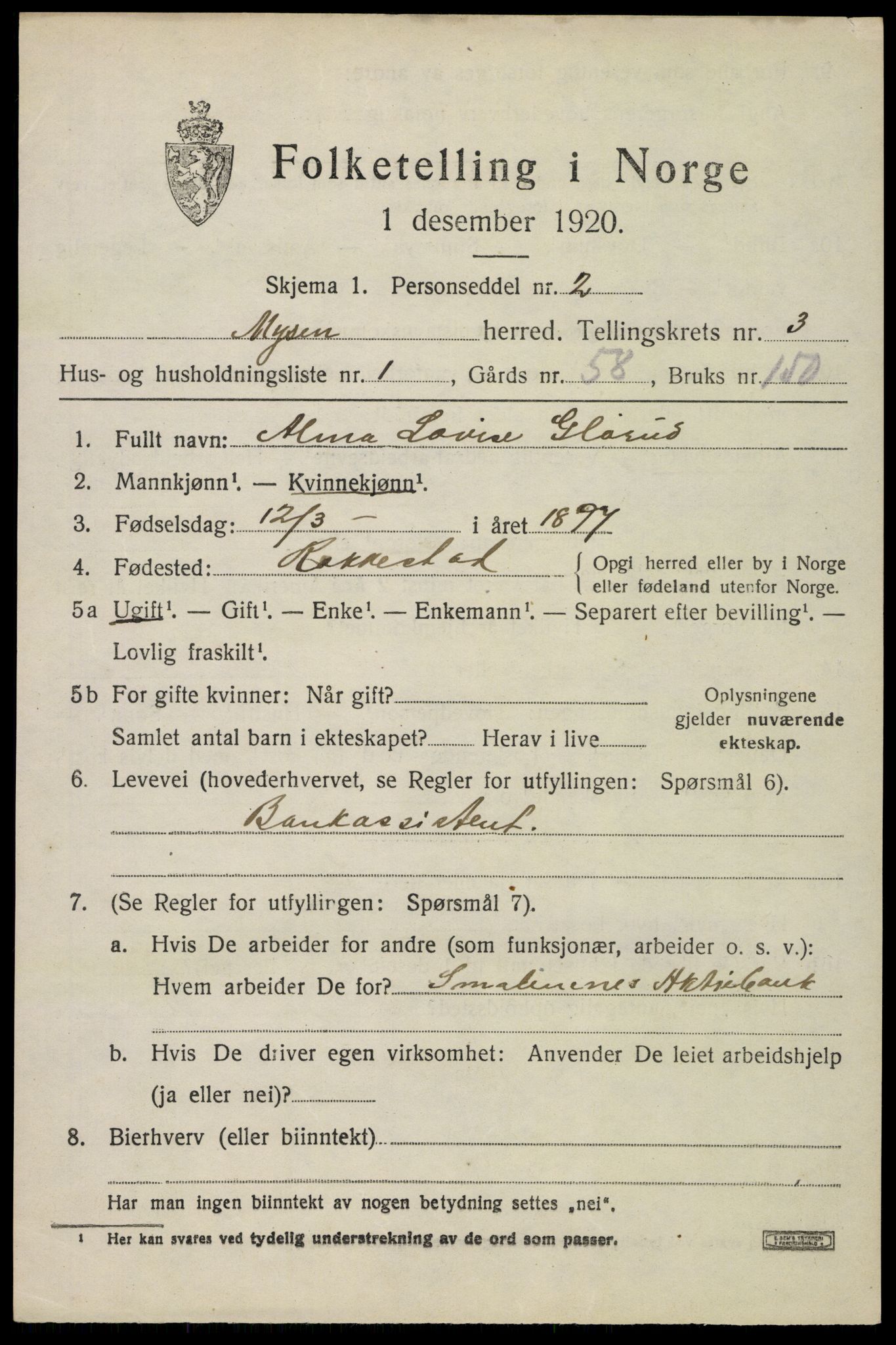 SAO, 1920 census for Mysen, 1920, p. 1873