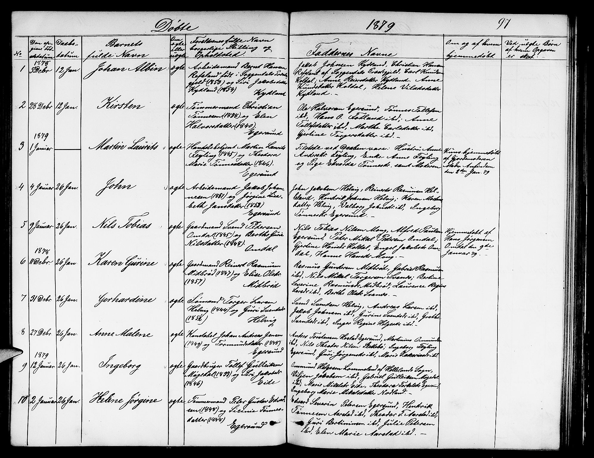 Eigersund sokneprestkontor, AV/SAST-A-101807/S09/L0005: Parish register (copy) no. B 5, 1872-1881, p. 97