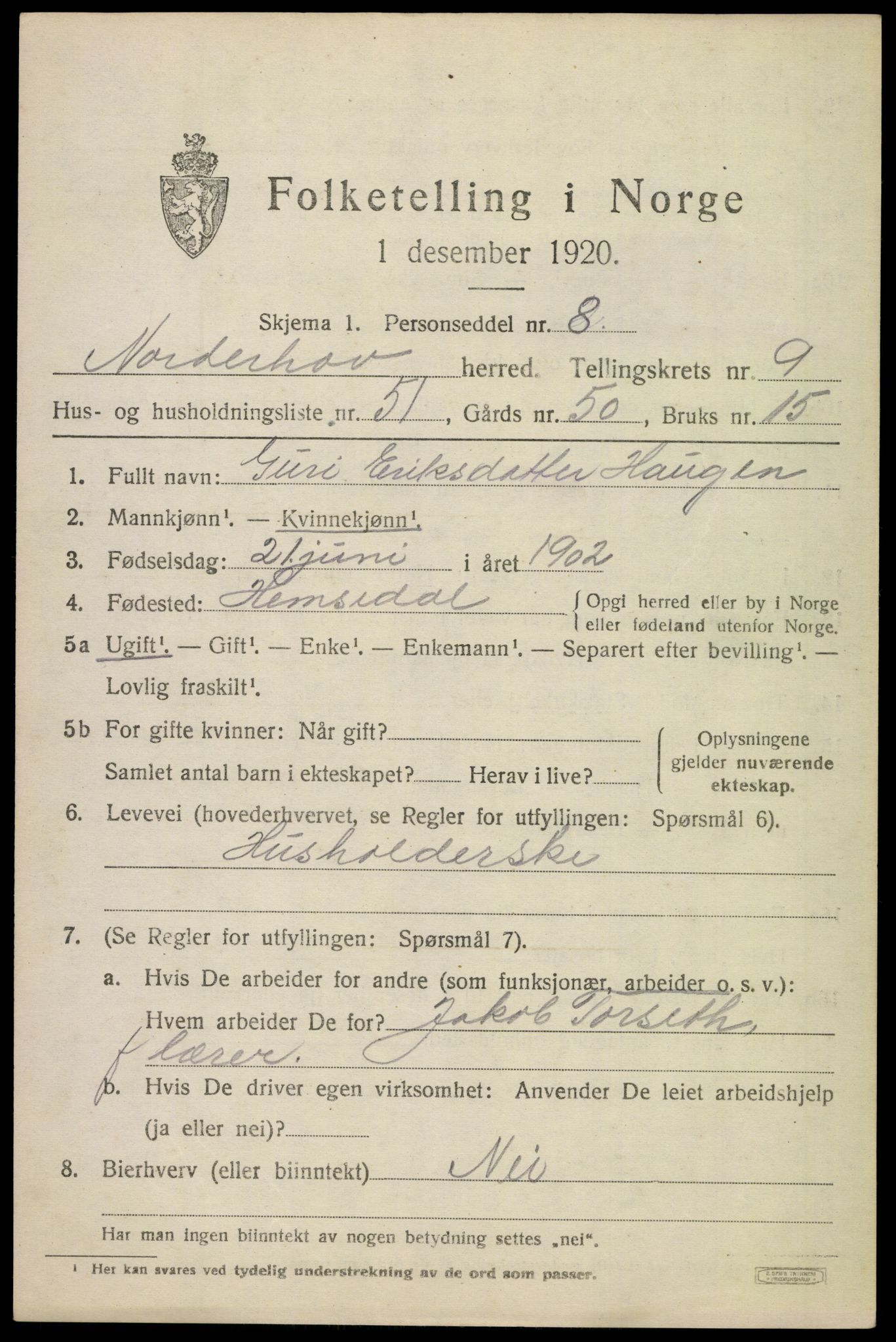 SAKO, 1920 census for Norderhov, 1920, p. 12010