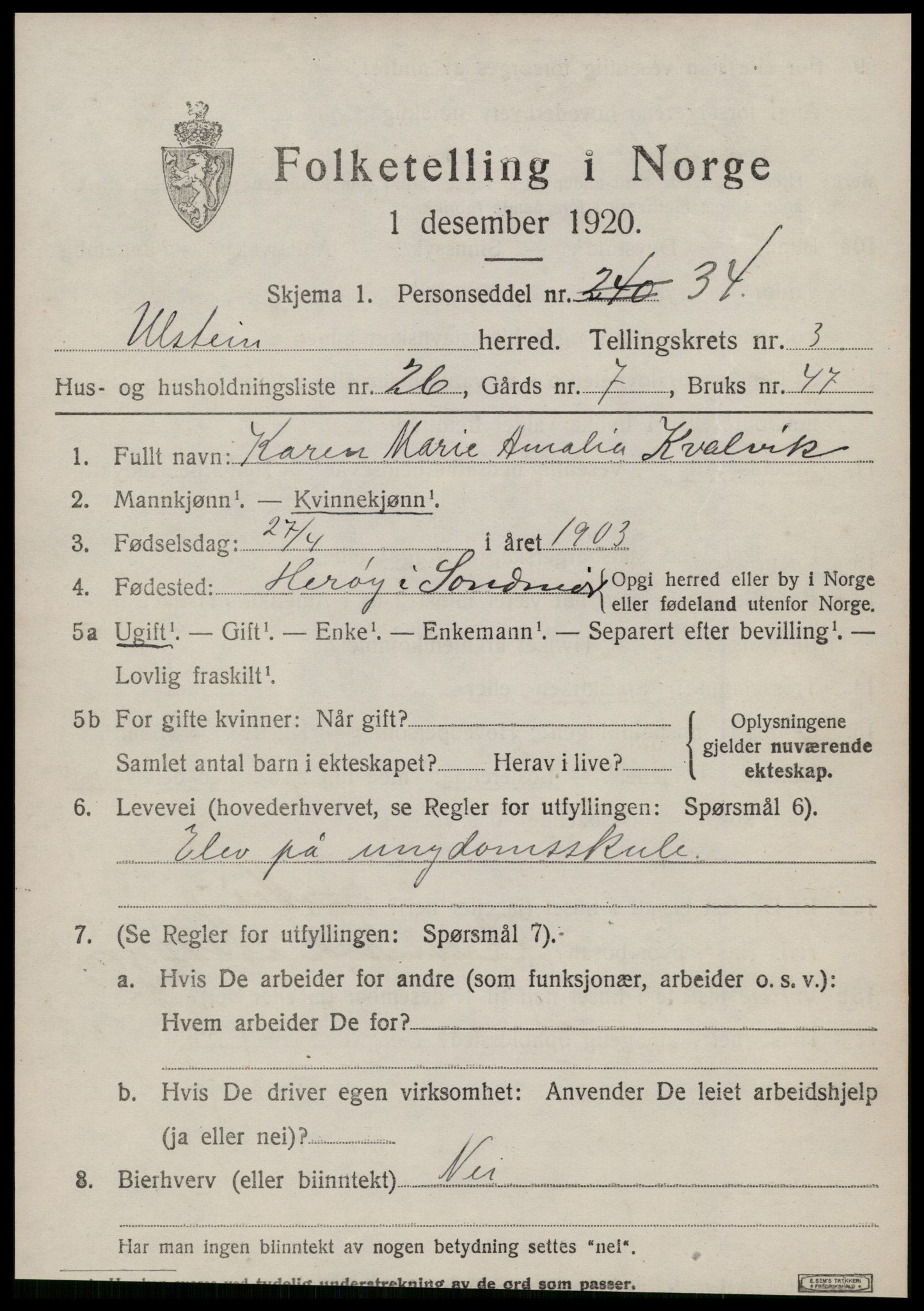 SAT, 1920 census for Ulstein, 1920, p. 2108